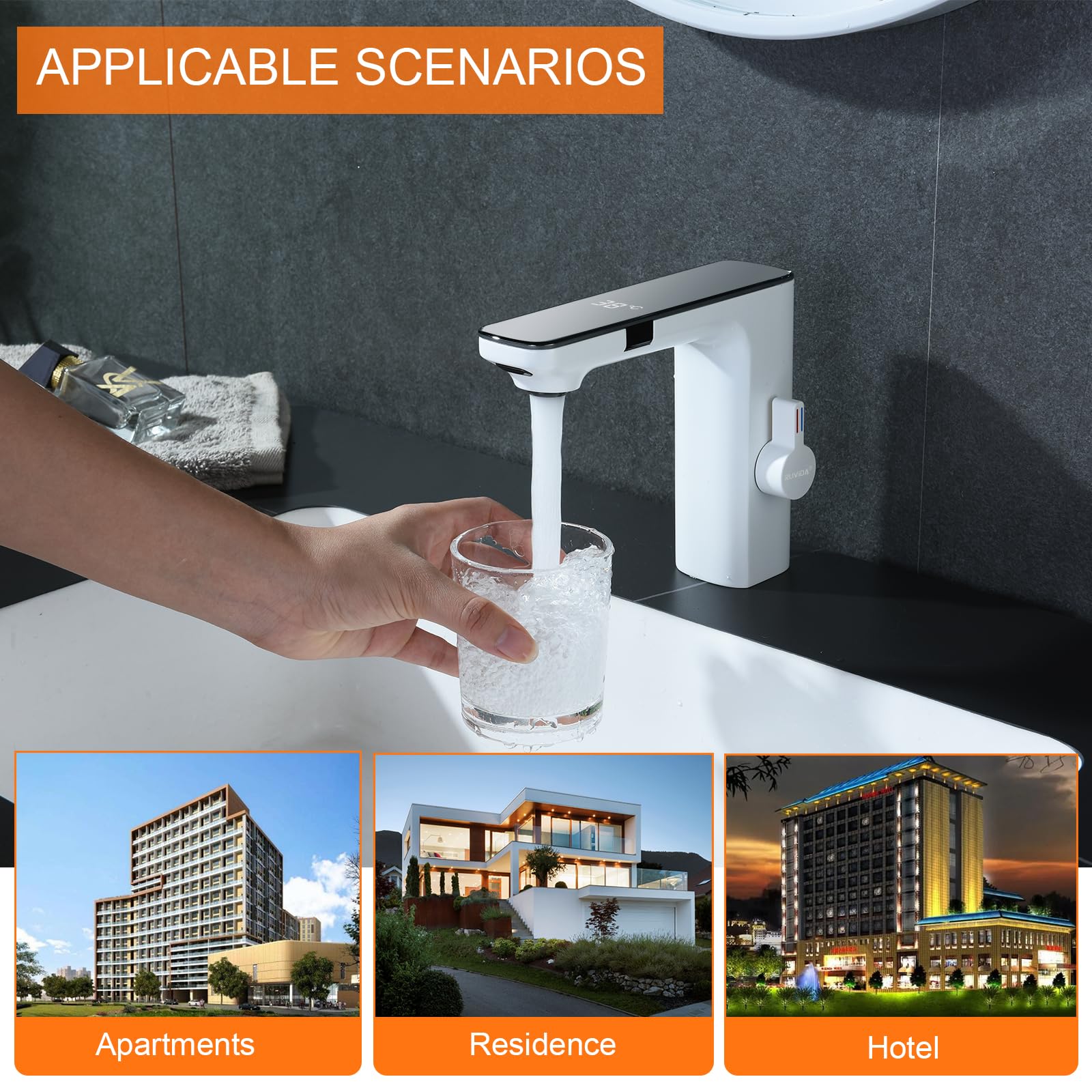 RUVIDA Smart Sensor Bathroom Faucet with Digital Temperature Display - Single Hole Waterfall Basin Faucet for Bathroom Sink - Modern White Touchless Faucet for Home, Hotel, and Public Restrooms