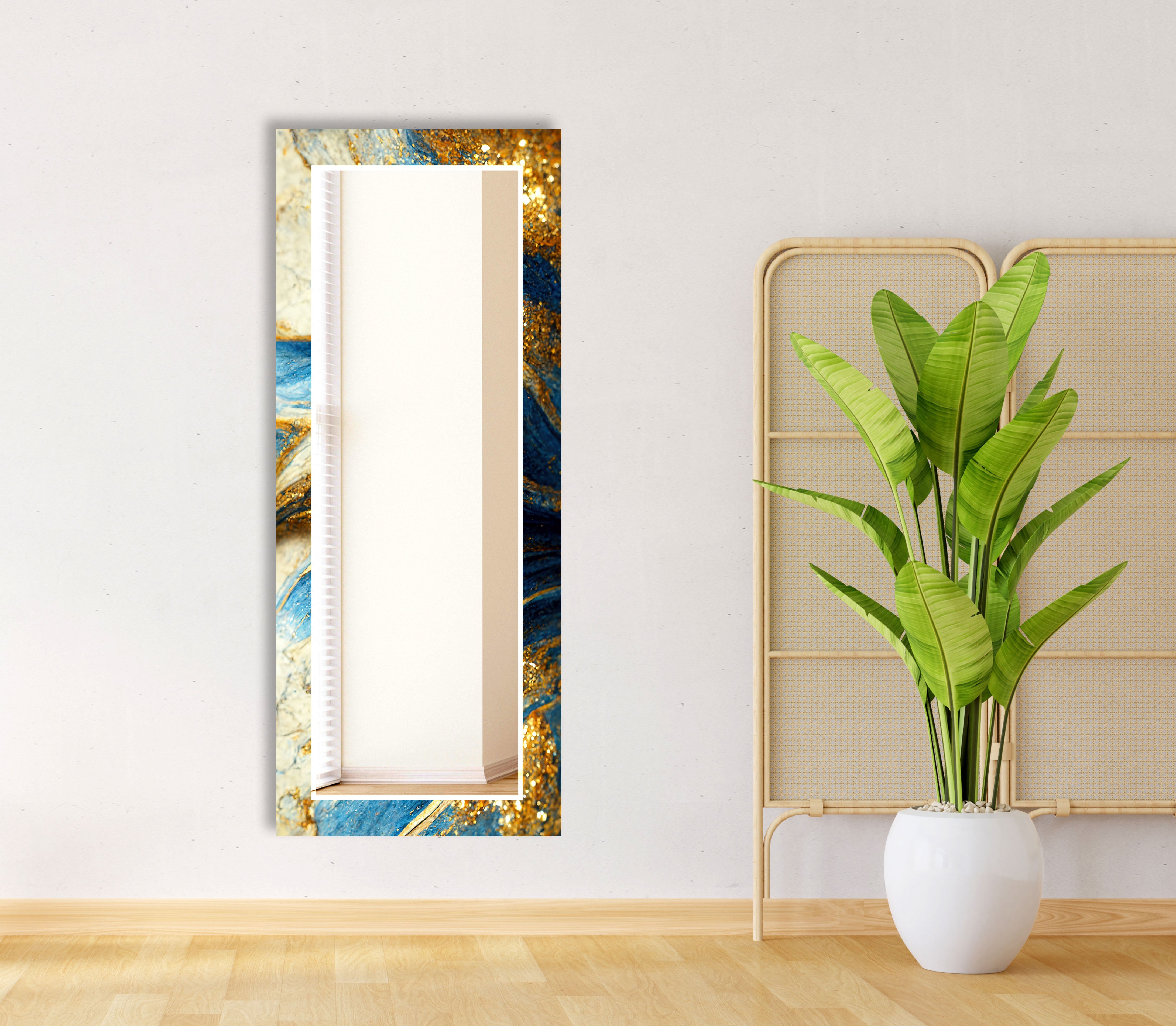 Blue & Gold Marble Glass Wall Mirror - Elegant Abstract Decor for Living Room, Bedroom & Entryway | Stylish Home Accent Piece for Modern Interiors