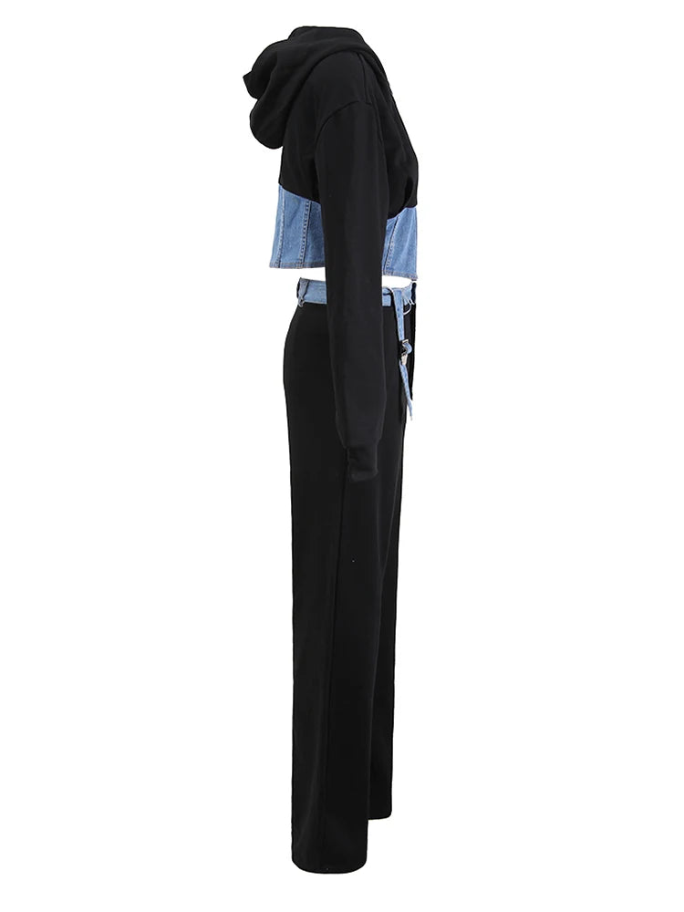 Stylish Black Denim Jacket & Wide Leg Pants Two-Piece Suit Set for Women - Hooded Long Sleeve Fashion Outfit | Perfect for Spring & Fall 2025 | CPDB013 | Office Wear, Casual Outings & Date Nights