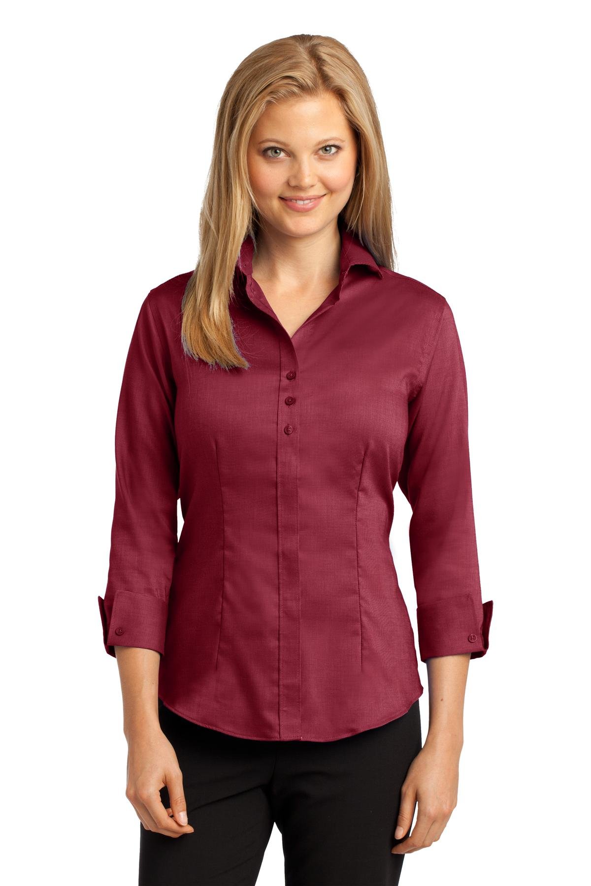 Red House Women's 3/4 Sleeve Wrinkle-Free Button Down Shirt - Small Size in Deep Red | Perfect for Office Wear & Casual Outfits