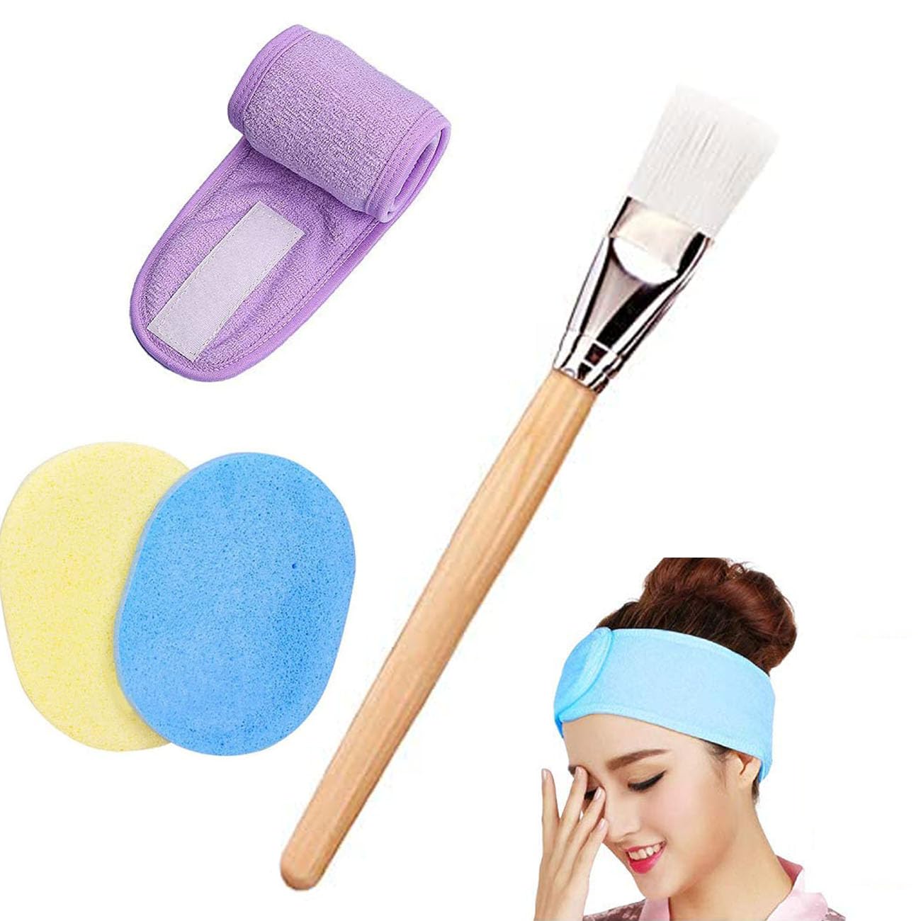 AyushiCreationa 3-in-1 Facial Care Set - Soft Headband, Face Pack Brush & Cleansing Sponge for Skincare Routine - Multi Color - Perfect for Spa, Home Facial & Makeup Removal