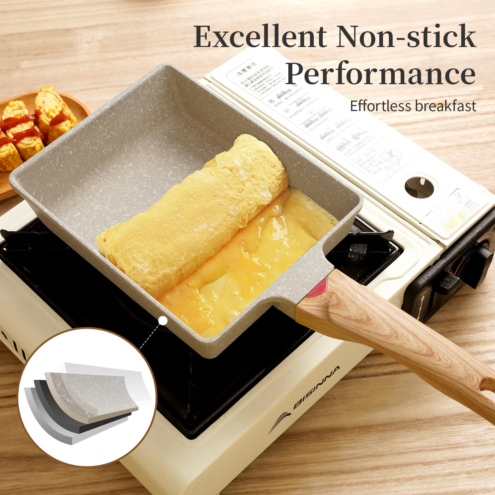 Tamagoyaki Pan - Nonstick Japanese Omelette Pan for Perfect Egg Rolls | Rectangle Egg Frying Pan with Wooden Handle & Whisk | PFOS & PFOA Free | Oven & Dishwasher Safe | Ideal for Breakfast, Bento Boxes & Japanese Cuisine