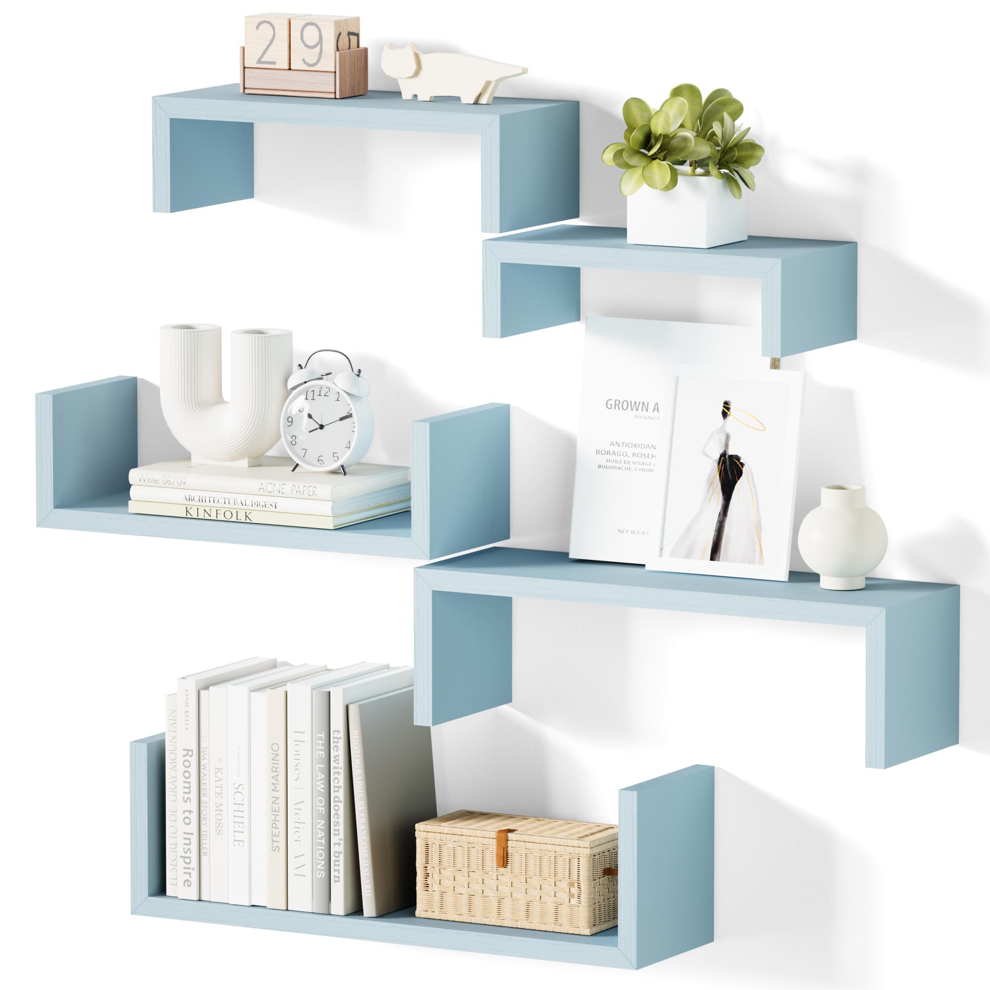 SRIWATANA Floating Wall Shelves Set of 5 - Rustic Wooden Shelves for Bathroom, Bedroom, Living Room, Kitchen & Office Decor (Blue) - Perfect for Organizing Books, Plants & Decorative Items