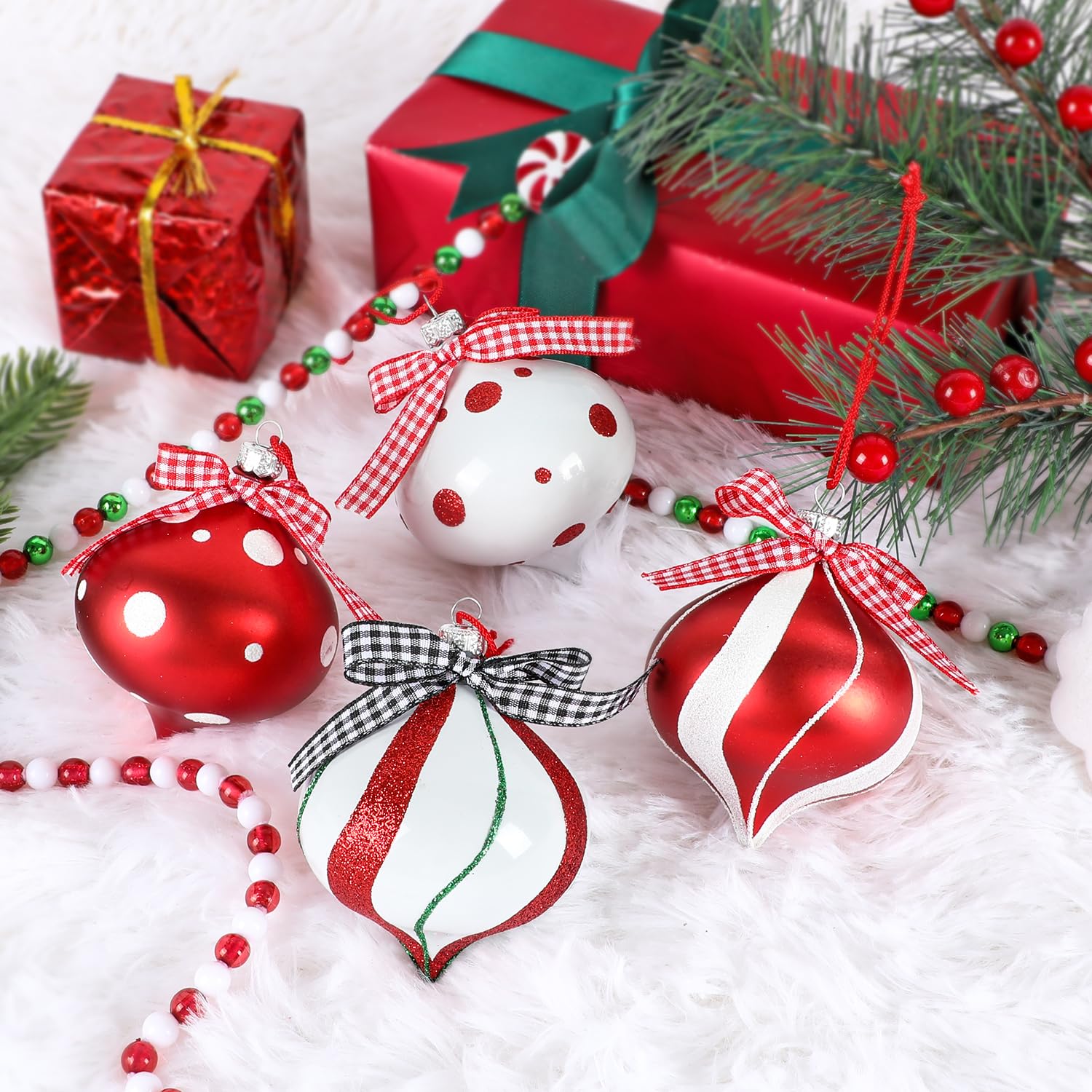 12 Pcs Peppermint Candy Ornament Set - 3.5 x 2.7 Inch Christmas Tree Decorations, Candy Cane Balls for Holiday Party, Home & Xmas Tree Decor - Perfect for Christmas Gifts, Stocking Stuffers & Festive Decor