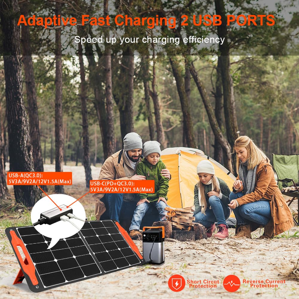 100W Foldable Portable Solar Panel Charger with USB Output - High Efficiency Solar Cells for Power Stations, Generators, Phones & Tablets - Perfect for Outdoor Camping, RV Trips, Hiking & Emergency Power Backup