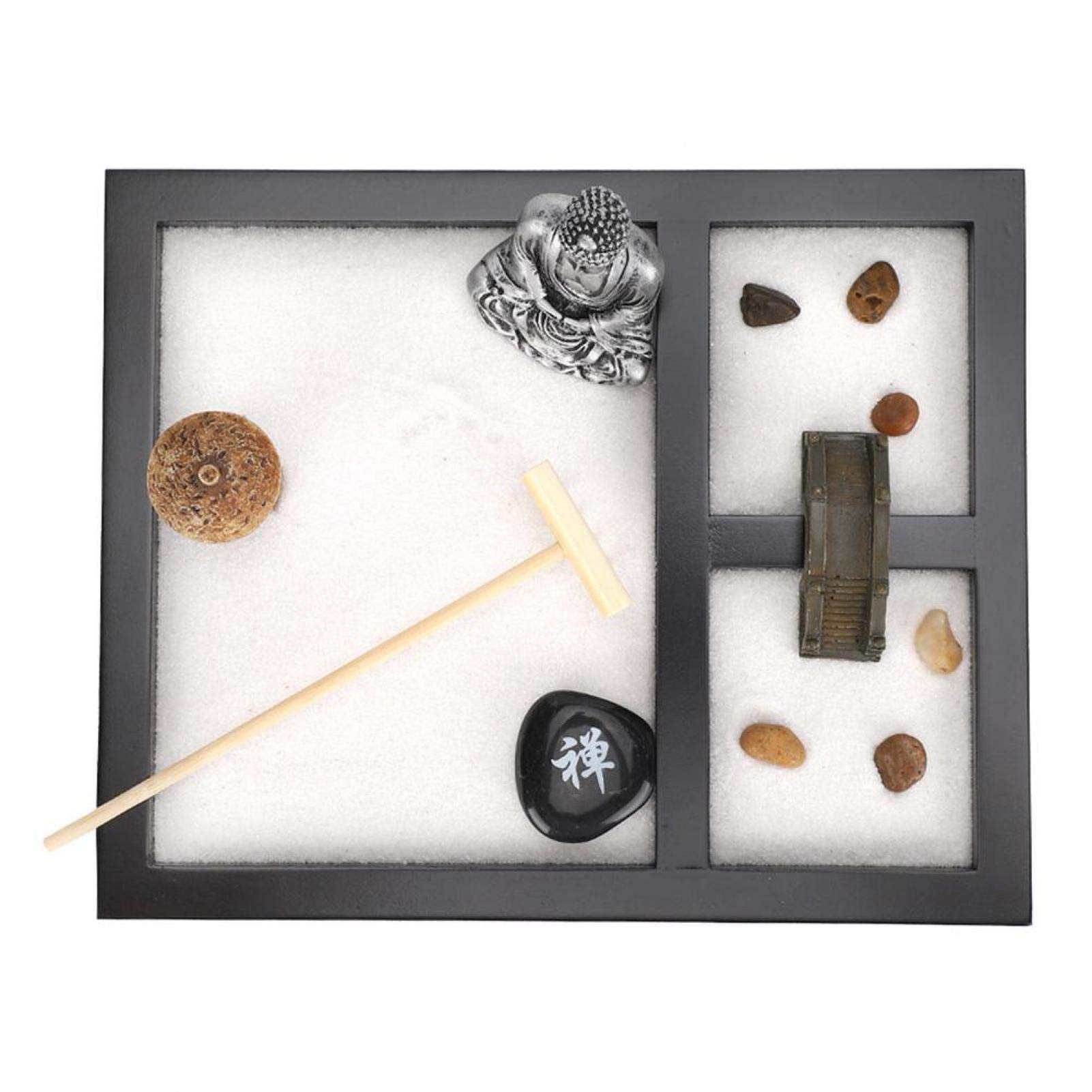 Pinsofy Zen Garden Decor Kit - Mini Sand Garden with Rake & Stones for Meditation, Home Office Desk, Living Room, Tea Room - Stress Relief & Mindfulness Decor