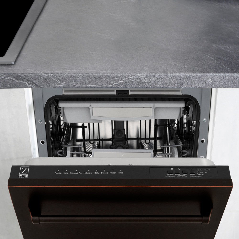 ZLINE 18 Inch Tallac Series 3rd Rack Top Control Dishwasher - Stainless Steel Tub with Oil Rubbed Bronze Panel, 51dBa Ultra Quiet (DWV ORB 18) | Perfect for Modern Kitchens, Small Spaces & Energy-Efficient Homes