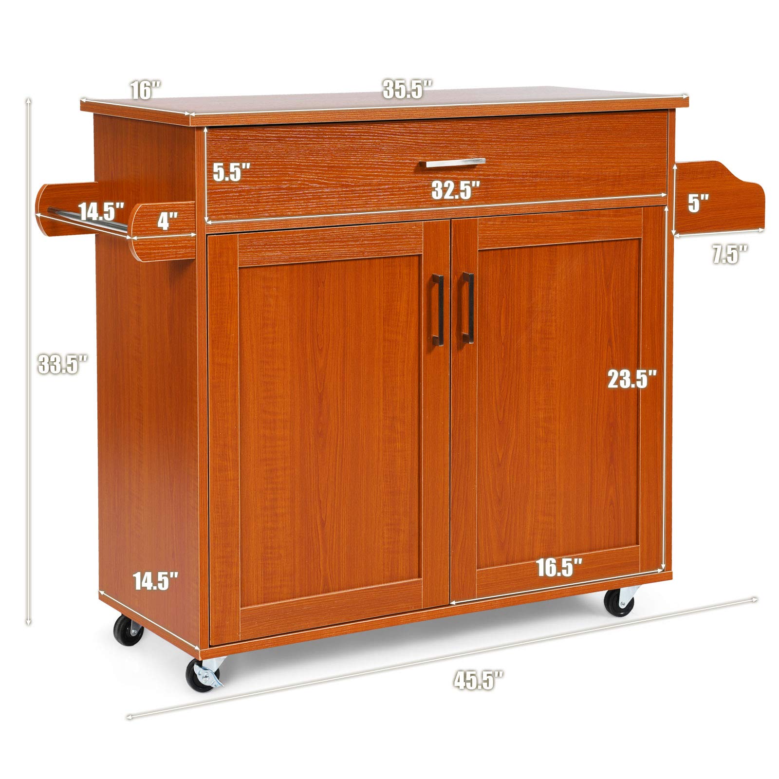 Giantex Rolling Kitchen Island Cart with Spice Rack, Towel Holder, Large Drawer & 2-Door Cabinet - Lockable Wheels, Wooden Trolley with Spacious Tabletop (Cherry) - Perfect for Small Kitchens, Food Prep, Storage & Serving