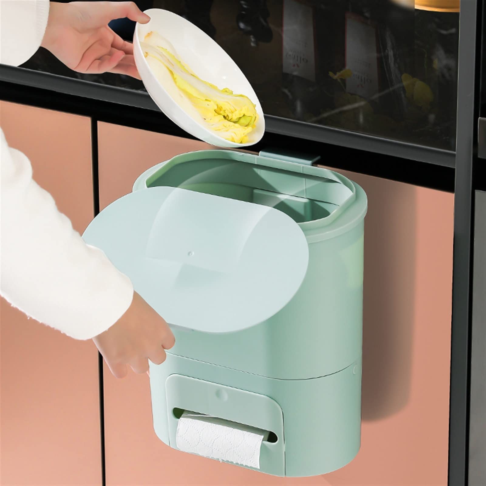 TOMYEUS Wall Mounted Trash Can with Lid - Medium Size Kitchen & Bathroom Garbage Bin for Home, Office - Space Saving Hanging Waste Basket for Under Sink, Toilet, Laundry Room Storage