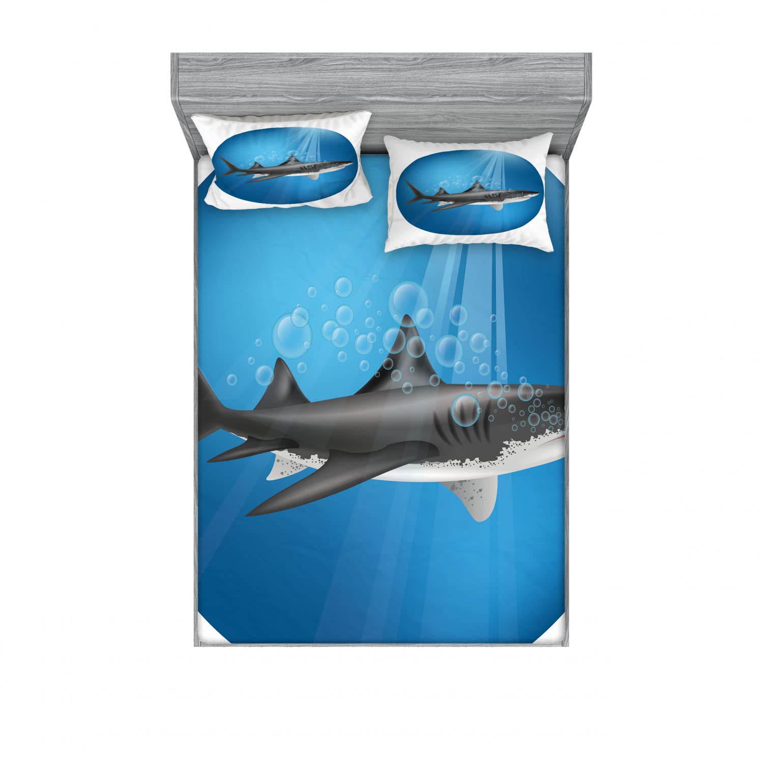 Ambesonne 2-Pack Queen Size Fitted Sheet Set with 4 Pillow Shams - Shark Underwater Hunter Theme Blue Grey Ocean Bedding - Perfect for Kids' Rooms, Beach Themed Decor & Shark Lovers