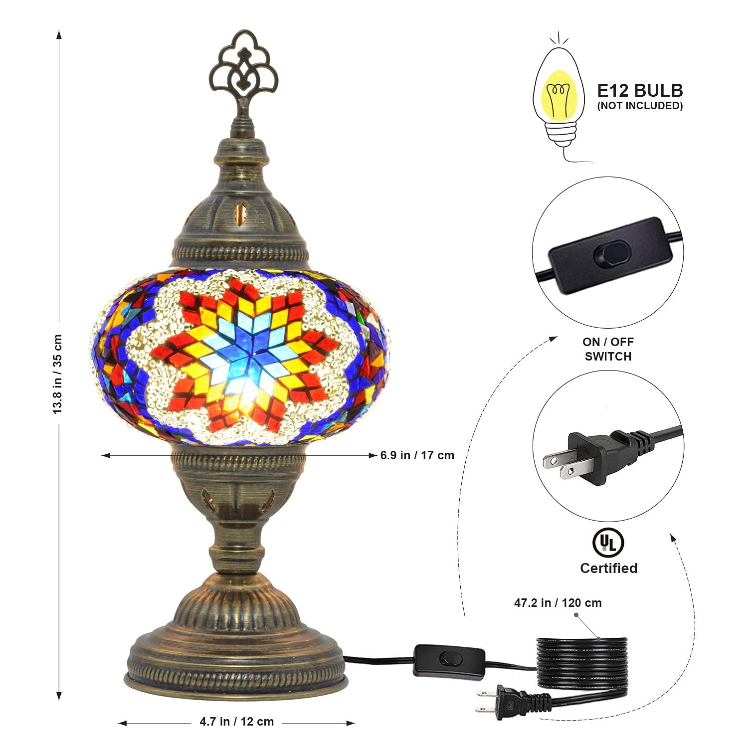 Mozaist Turkish Mosaic Table Lamp - Antique Moroccan Decorative Glass Tiffany Style Bedside Lamp with Stained Glass Shade, E12 Socket & US Plug | Perfect for Bohemian Home Decor, Bedroom Nightstand, Living Room Accent Lighting