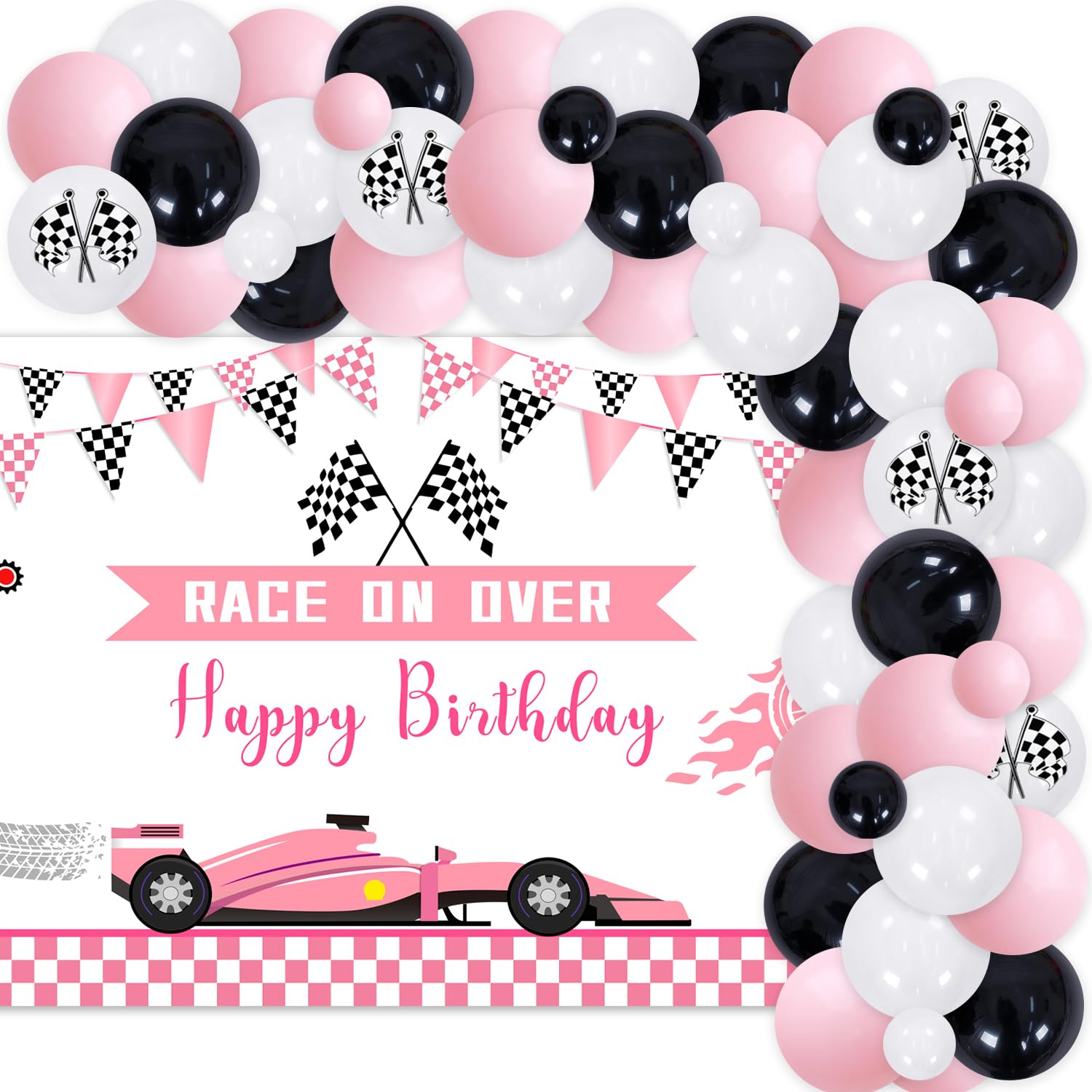 Pink Racing Car Birthday Party Decorations for Girls - Race Car Theme Backdrop, Balloon Garland Kit, Fast One Two Fast Party Supplies - Perfect for Kids Birthday Parties, Baby Showers & Race Car Themed Events