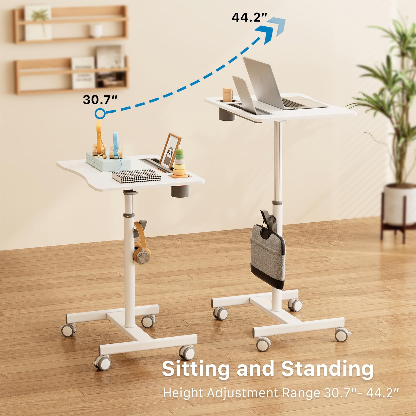 28 Inch Mobile Standing Desk with Wheels & Cup Holder - Adjustable Rolling Laptop Workstation for Home Office, Portable Computer Cart with Storage Hook (White) - Perfect for Remote Work, Study & Small Space Living