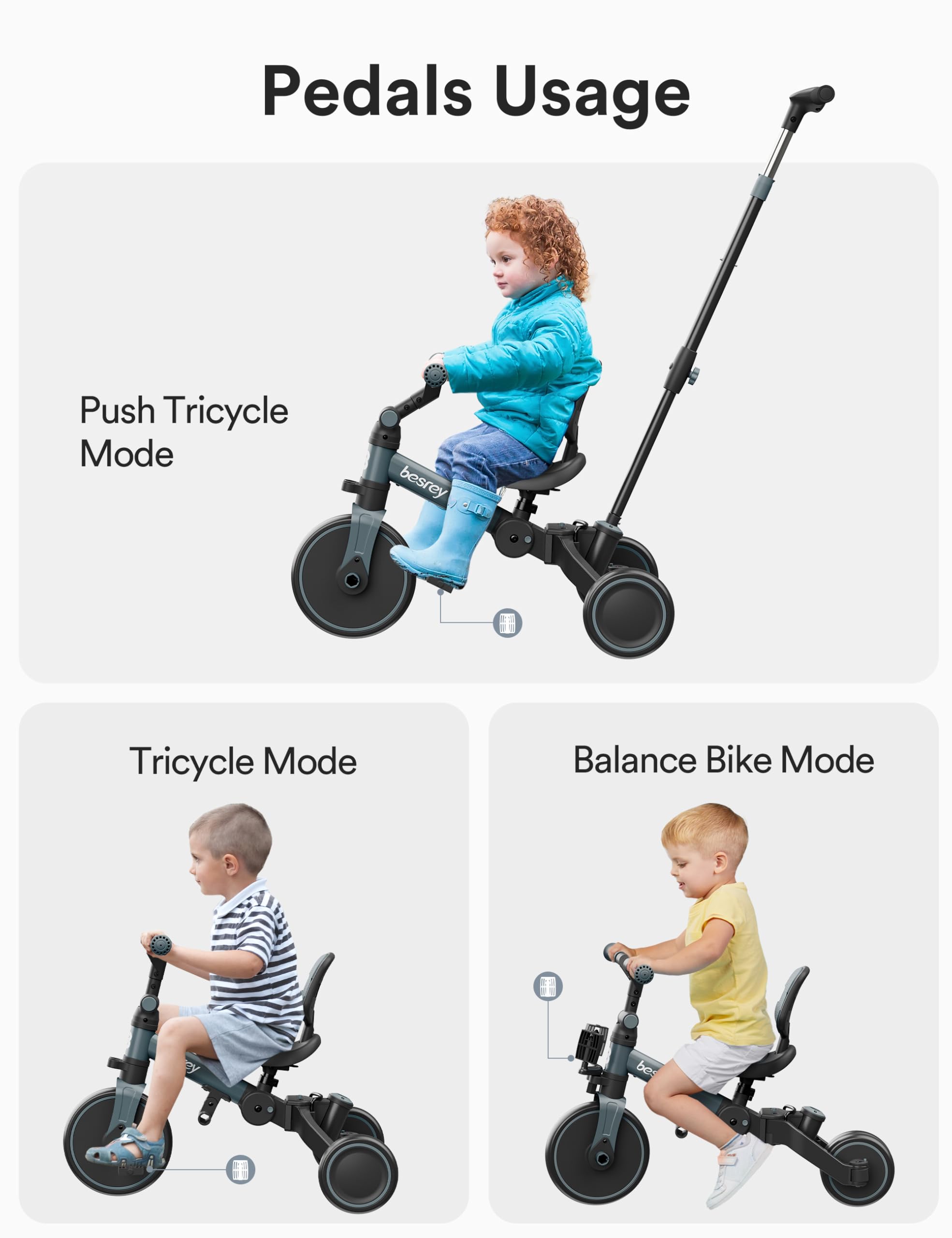 Besrey 5-in-1 Toddler Bike & Tricycle for 1-3 Year Olds - Adjustable Push Handle, Safety Belt & Backrest - Balance Bike & First Bike for Boys & Girls - Perfect Birthday Gift & Outdoor Play Toy for Toddlers