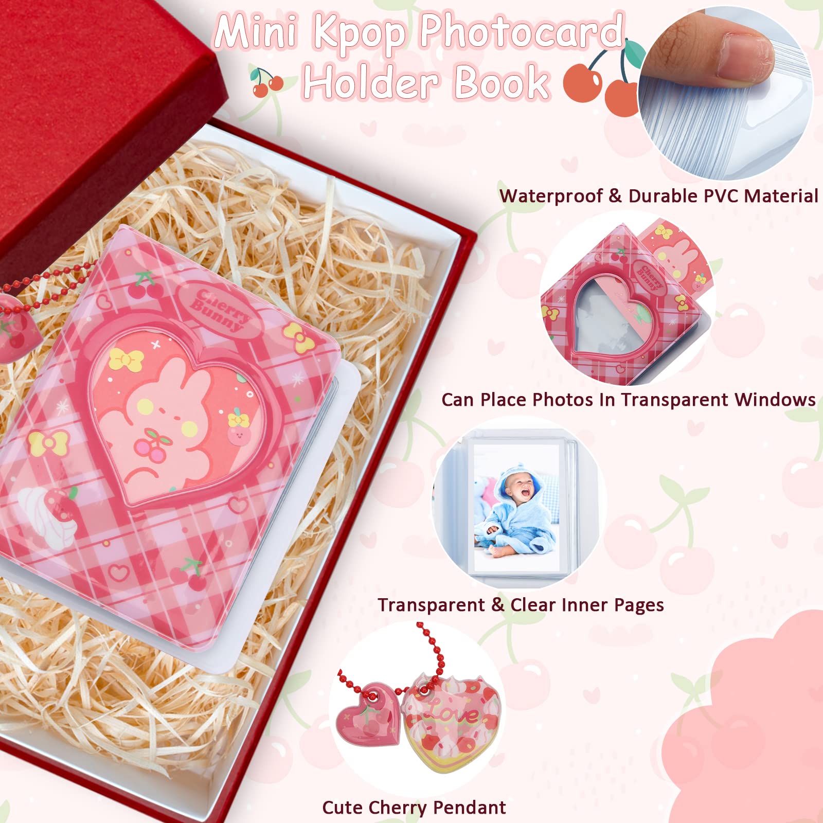 3 Inch Mini Photo Album - 40 Pocket Kpop Photocard Holder with Heart Cherry Pendant & Rabbit Card | Cute Hollow Out Binder for Collecting Pictures (Red) | Perfect for Kpop Fans, Memory Keeping, and Gift Giving