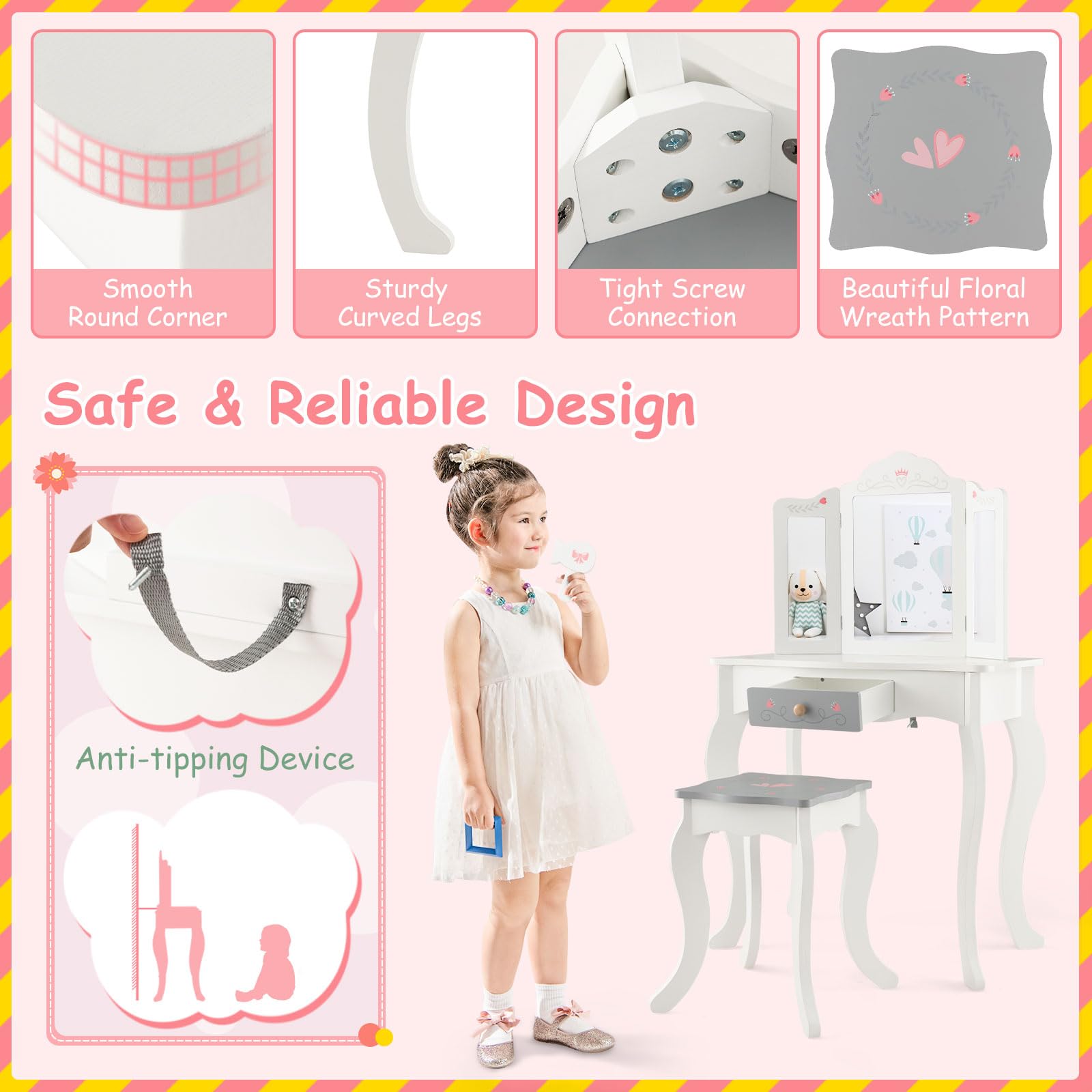 Honey Joy Kids Vanity Set with Mirror & Stool - Wooden Makeup Table for Toddlers - Pretend Play Dressing Toys for Little Girls (White) - Perfect for Birthday Gifts & Role Play