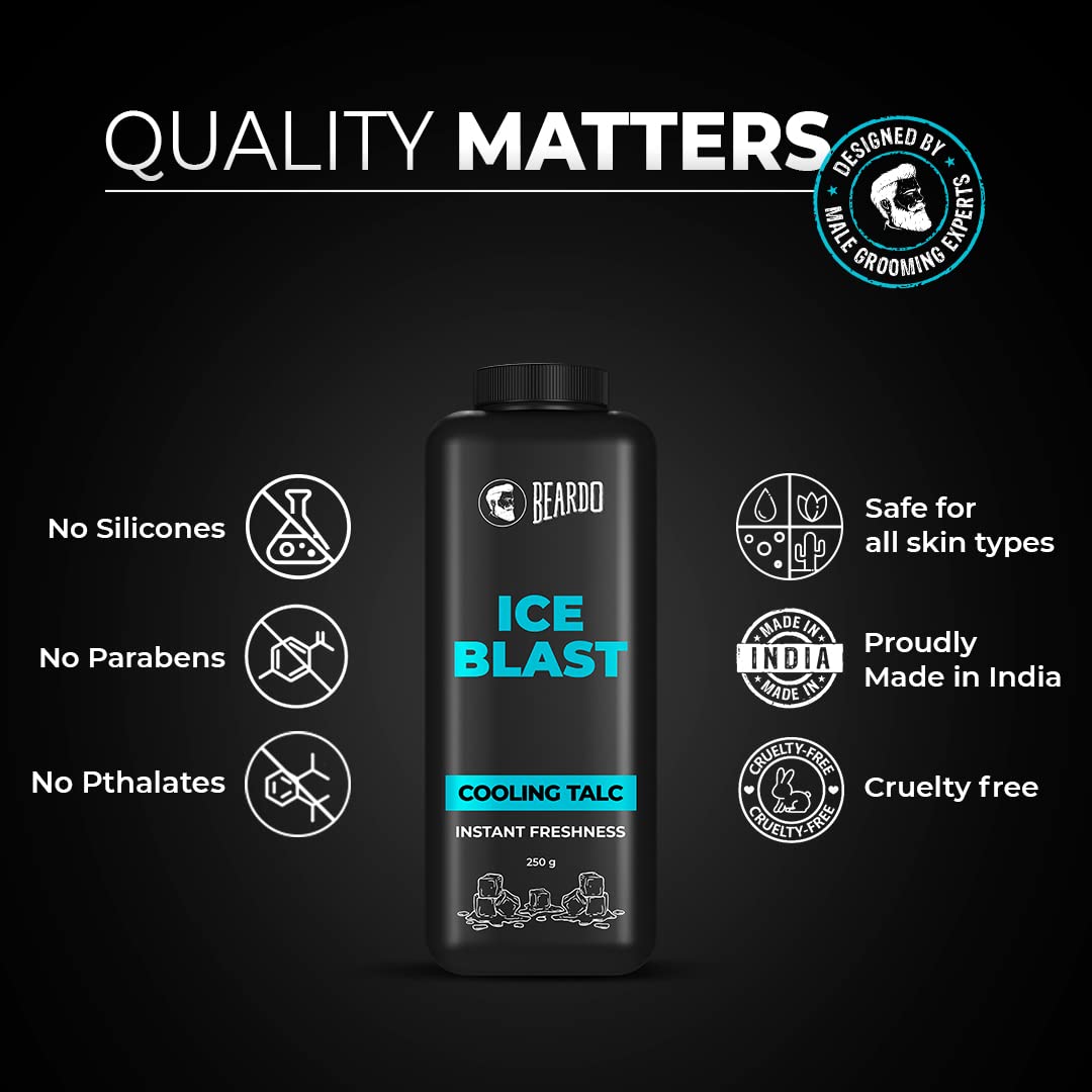Beardo Ice Blast Cooling Talcum Powder for Men - 250g | Menthol Infused Instant Cooling Body Powder with Aloe Vera & Vitamin E | Perfect for Gym, Travel & Hot Weather Relief