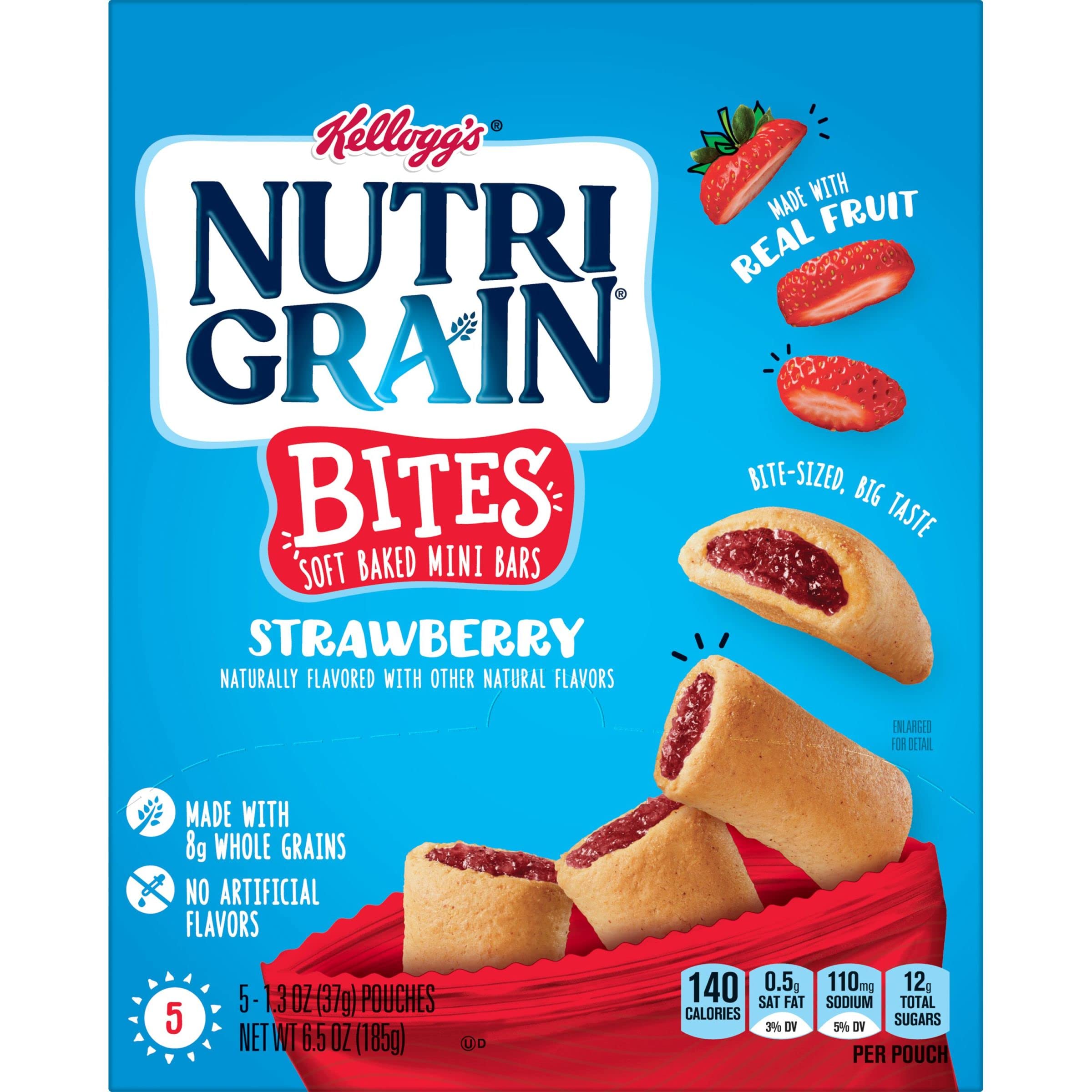 Nutri-Grain Bites Soft Baked Mini Bars - Healthy Whole Grain Strawberry Snacks for Kids - 6.5oz Box (5 Pouches) - Perfect for School Lunches, After-School Treats & On-the-Go Snacking