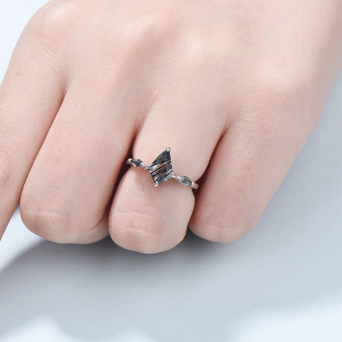 Elegant Kite Cut Black Rutilated Quartz Ring with Marquise Cut Black Tourmaline - Minimalist 3 Stone Engagement Ring, Dainty Wedding Band, Anniversary Gift for Her - Perfect for Proposals, Weddings & Special Occasions