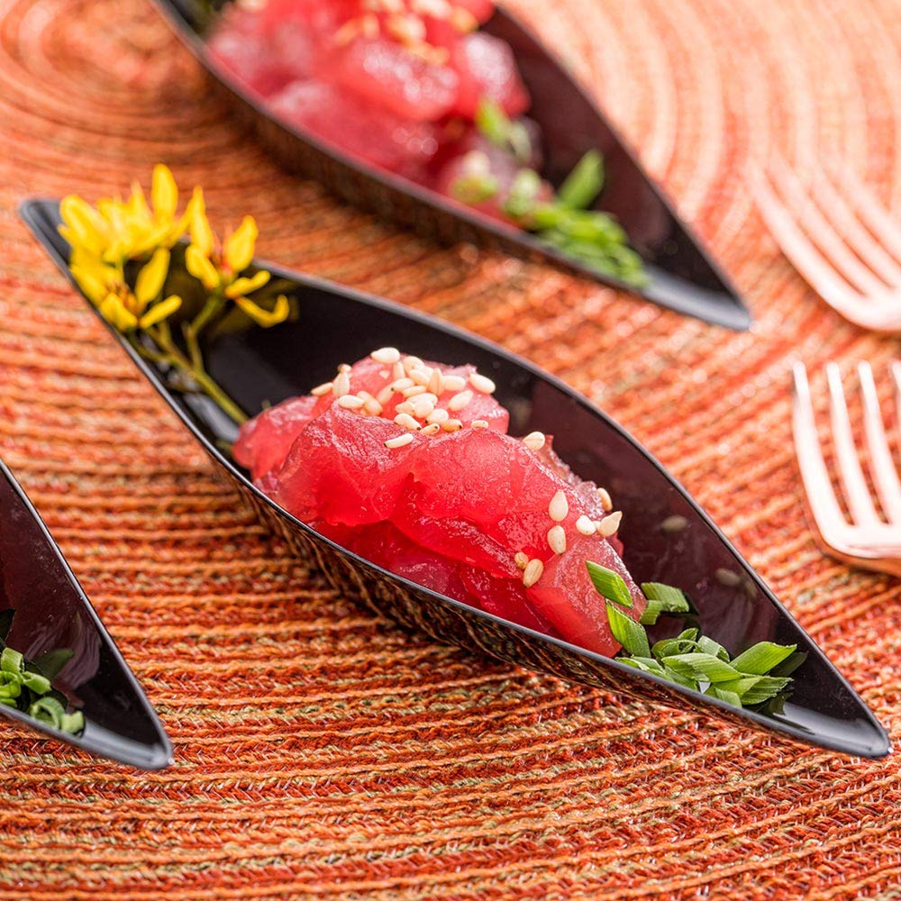 Restaurantware 1 oz Disposable Dipping Sauce Bowls - 100-Pack Black Plastic Canoe-Shaped Small Dishes for Sauces, Appetizers, Desserts & Samples | Perfect for Restaurants, Catering, Parties & Food Sampling