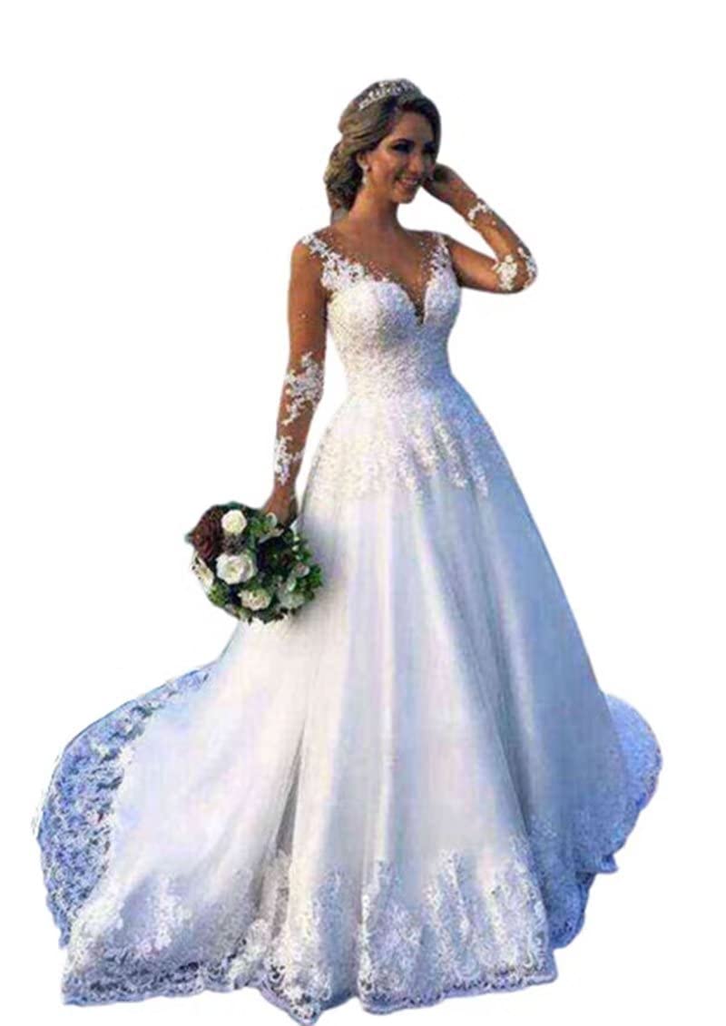 Elegant A-Line Lace Wedding Dress with Long Sleeves & Beaded Details - Floor Length Bridal Gown for Bride - Perfect for Church Ceremonies, Beach Weddings & Formal Receptions