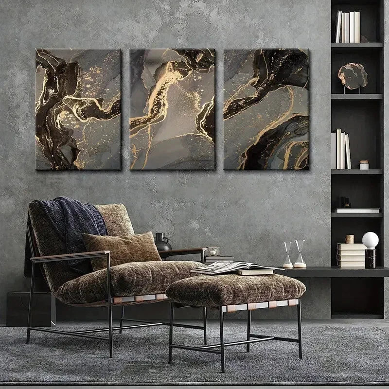 3-Piece Abstract Black and Gold Metal Wall Art - Ready to Hang Modern Home Decor for Living Room, Bedroom, or Office