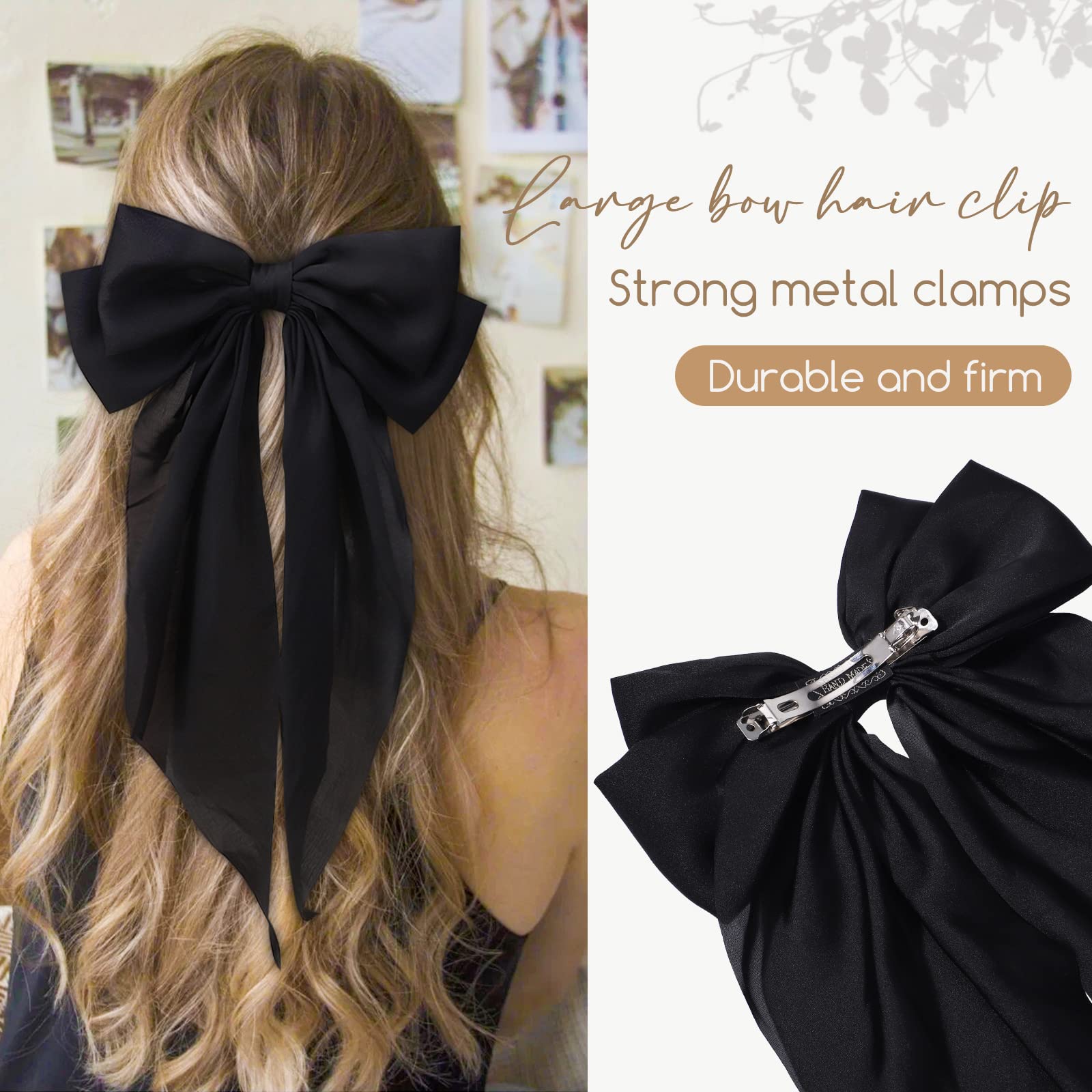 1PC Large Satin Hair Bows for Women & Girls - Black Silk Ribbon Hair Barrettes, Giant Long Bow Hair Clips, Ponytail Holder Accessories - Perfect for Weddings, Parties, and Everyday Elegant Styling