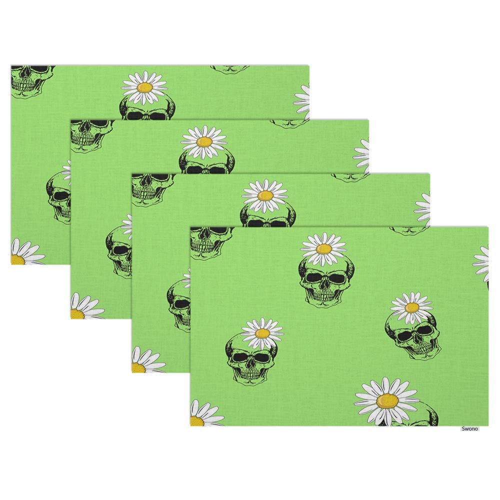 Swono Skull Daisy Placemat Set of 4 - Abstract Green Skull Daisy Flower Pattern Oilproof Table Mats 12