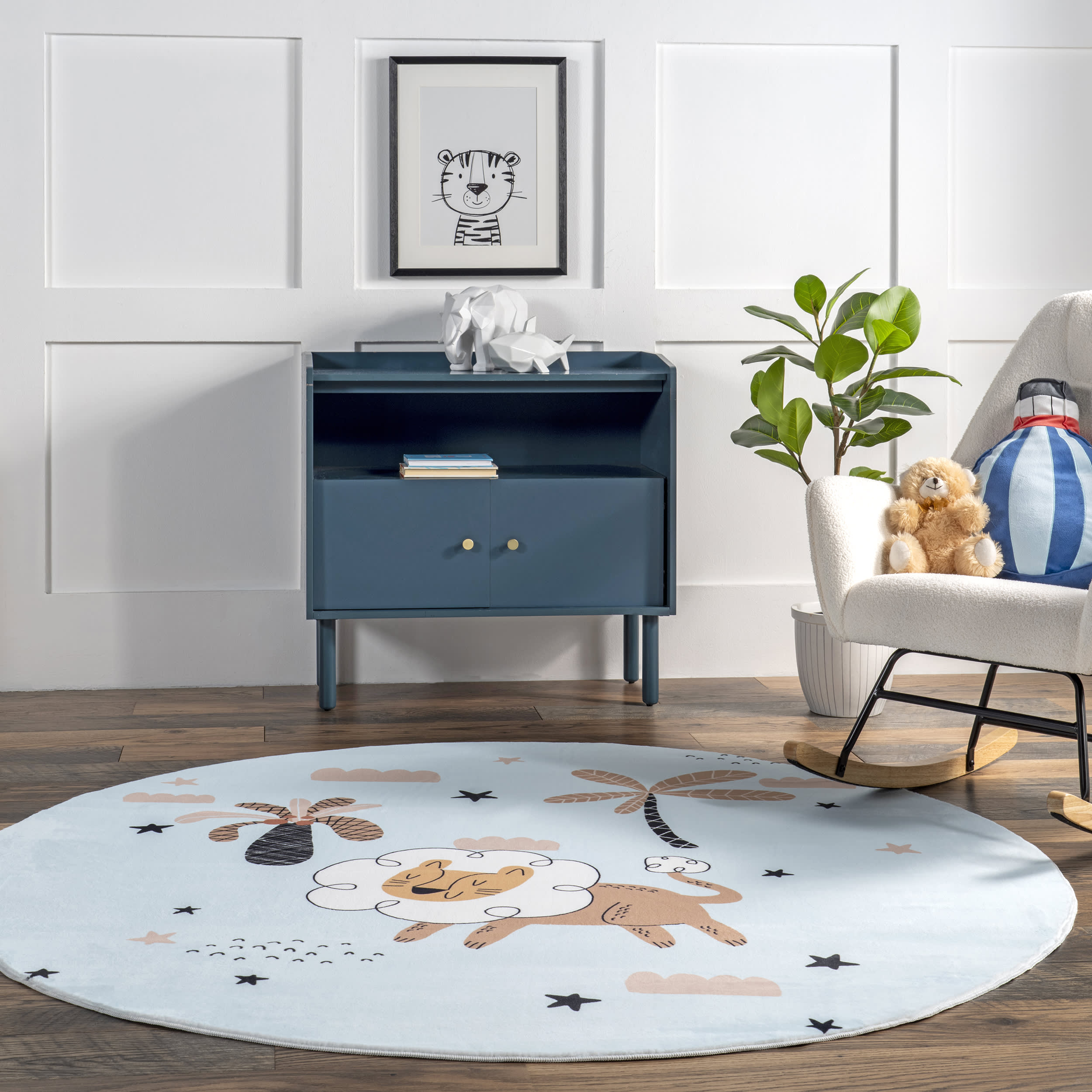 Dael Dreaming Lion Kids Washable Rug - Soft Non-Slip Nursery Carpet in Baby Blue | Perfect for Playrooms, Bedrooms & Daycare Centers