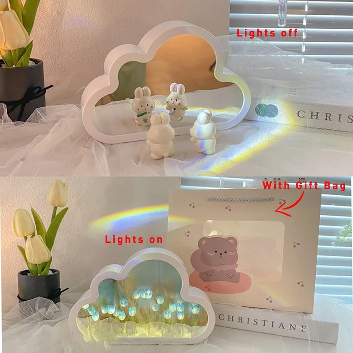 DIY Cloud Tulip Night Light - Romantic LED Table Lamp for Bedroom Decor, Purple Tulip Mirror Night Light for Home, Kids Room & Nursery - Perfect Bedside Lamp for Relaxation & Sleep Aid