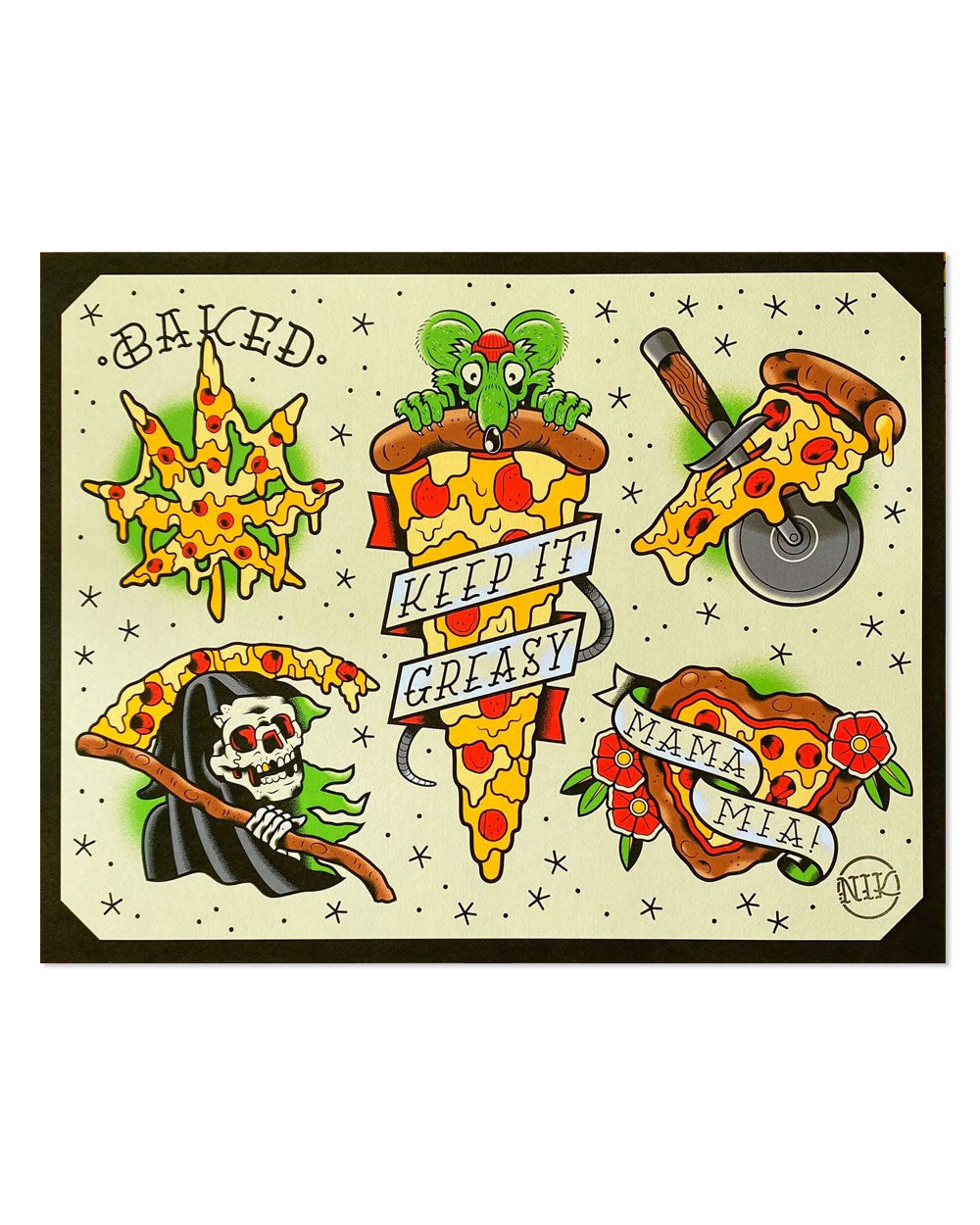 Pizza Tattoo Flash Art Print - 11x14 Inch Wall Decor for Kitchen, Bar & Tattoo Studio - Unique Pizza Lover Gift & Tattoo Inspiration