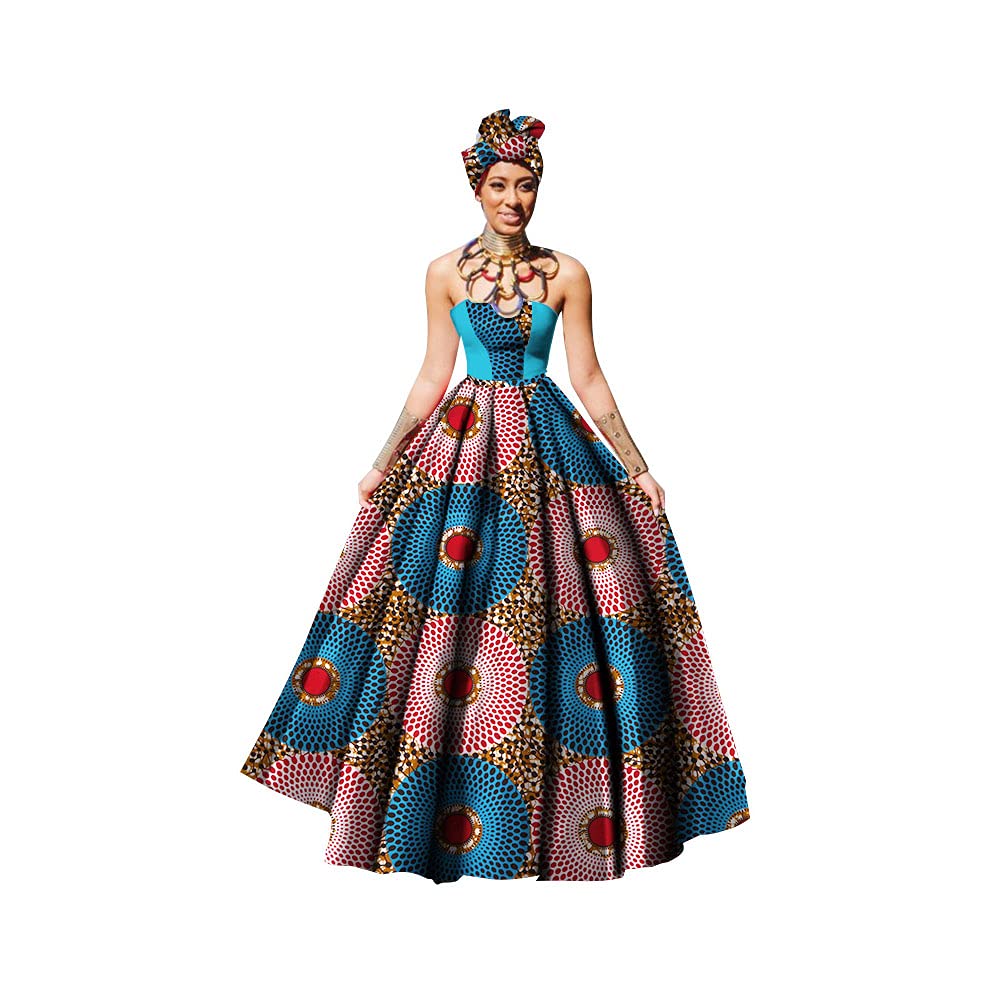BAZINRICHE African Print Dashiki Dress for Women - Elegant Strapless Ball Gown Maxi Dress with Matching Headscarf (No Necklace Included) | Perfect for Parties, Weddings & Cultural Events