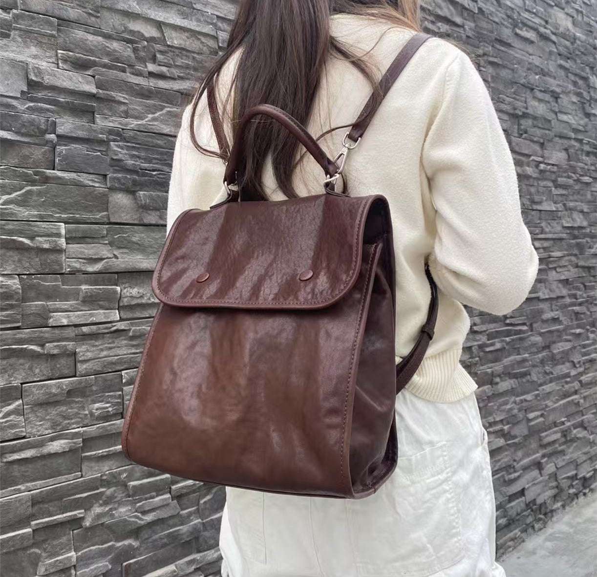 Stylish Minimalist Leather Backpack for Women & Men - Waterproof Laptop Bag for Work, Travel & School - Durable Vegan Leather Daypack with USB Charging Port