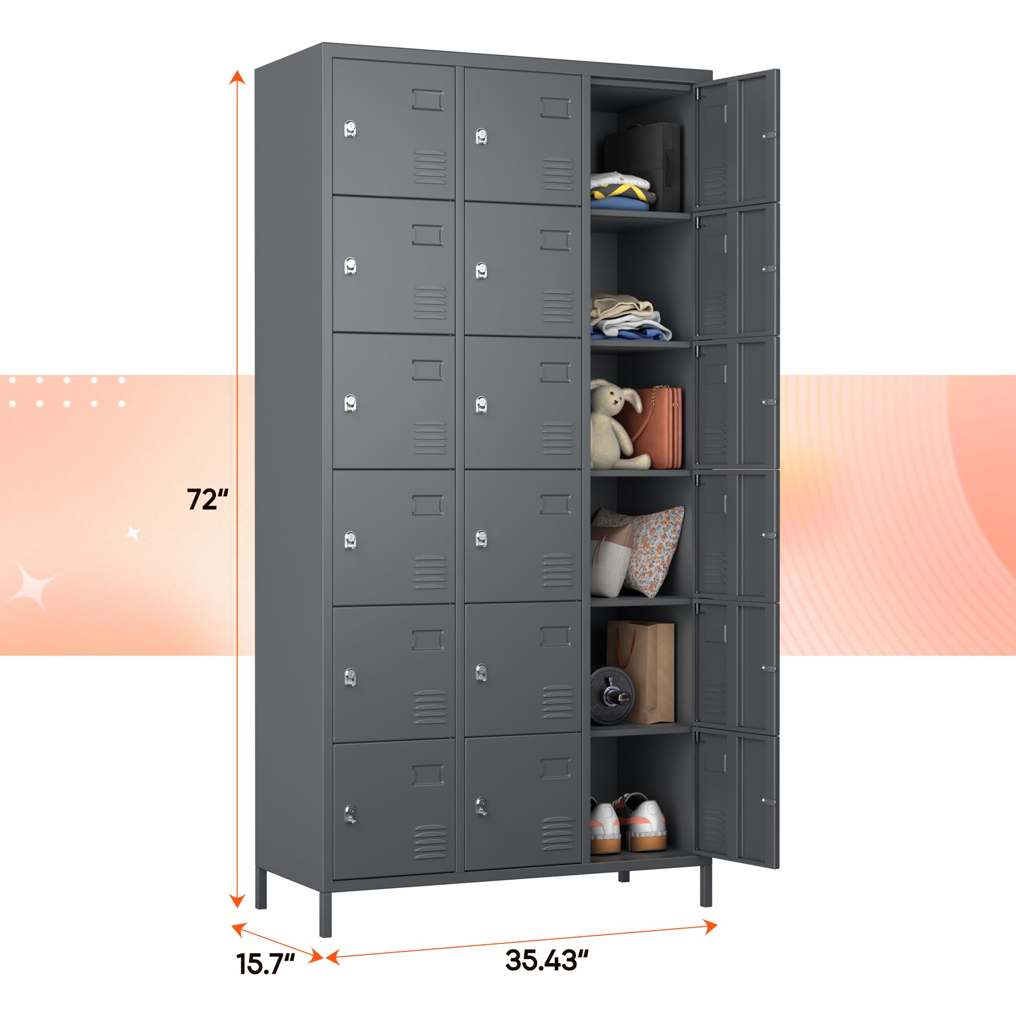 18-Door Metal Lockers for Employees - Heavy Duty Steel Storage for Offices, Schools, Gyms & Homes (Dark Gray, Assembly Required) - Perfect for Secure Personal Belongings Storage in Workplaces and Fitness Centers