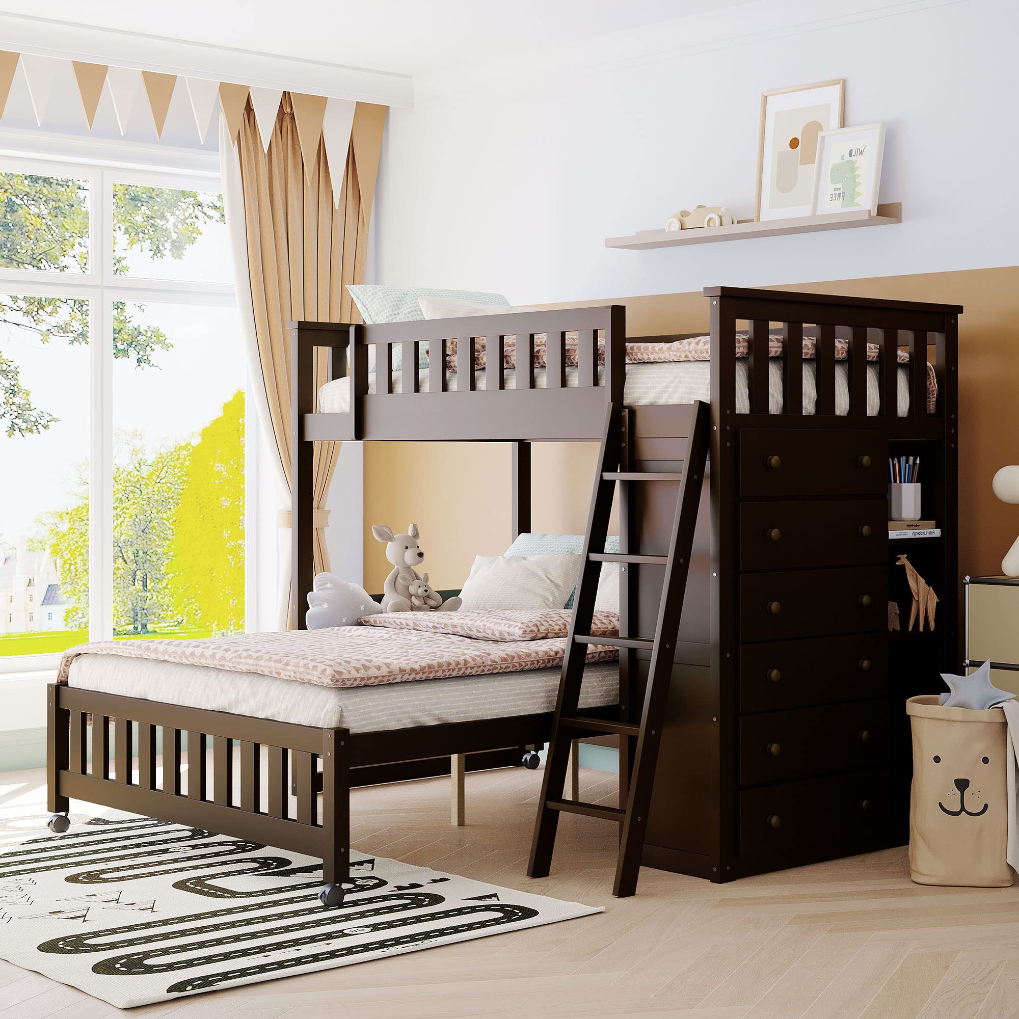 Harper & Bright Designs Twin Over Full Bunk Bed with 6 Drawers & Shelves - Wood Bunk Bed Frame, Mobile Bottom Bed with Wheels - Space-Saving Bedroom Furniture for Kids & Teens (Espresso Finish, Twin/Full Size) - Perfect for Small Rooms, Shared Bedrooms & Sleepovers