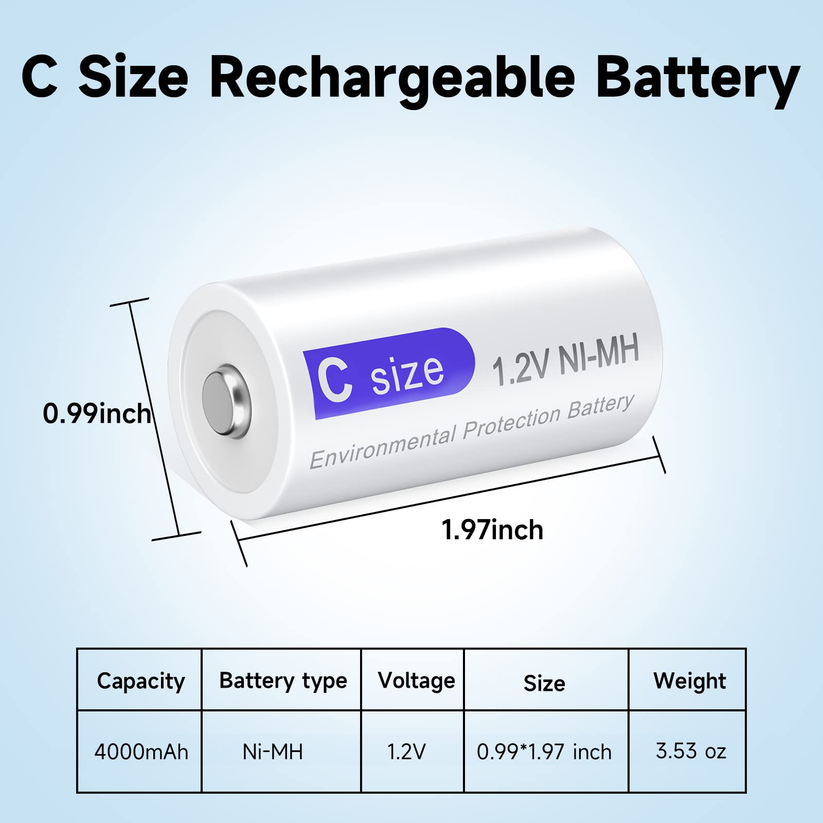 6-Pack 4000mAh Rechargeable C Batteries - NiMH 1.2V C Size Batteries with 1200 Cycles & Low Self Discharge - Perfect for Flashlights, Toys, Radios & Emergency Devices