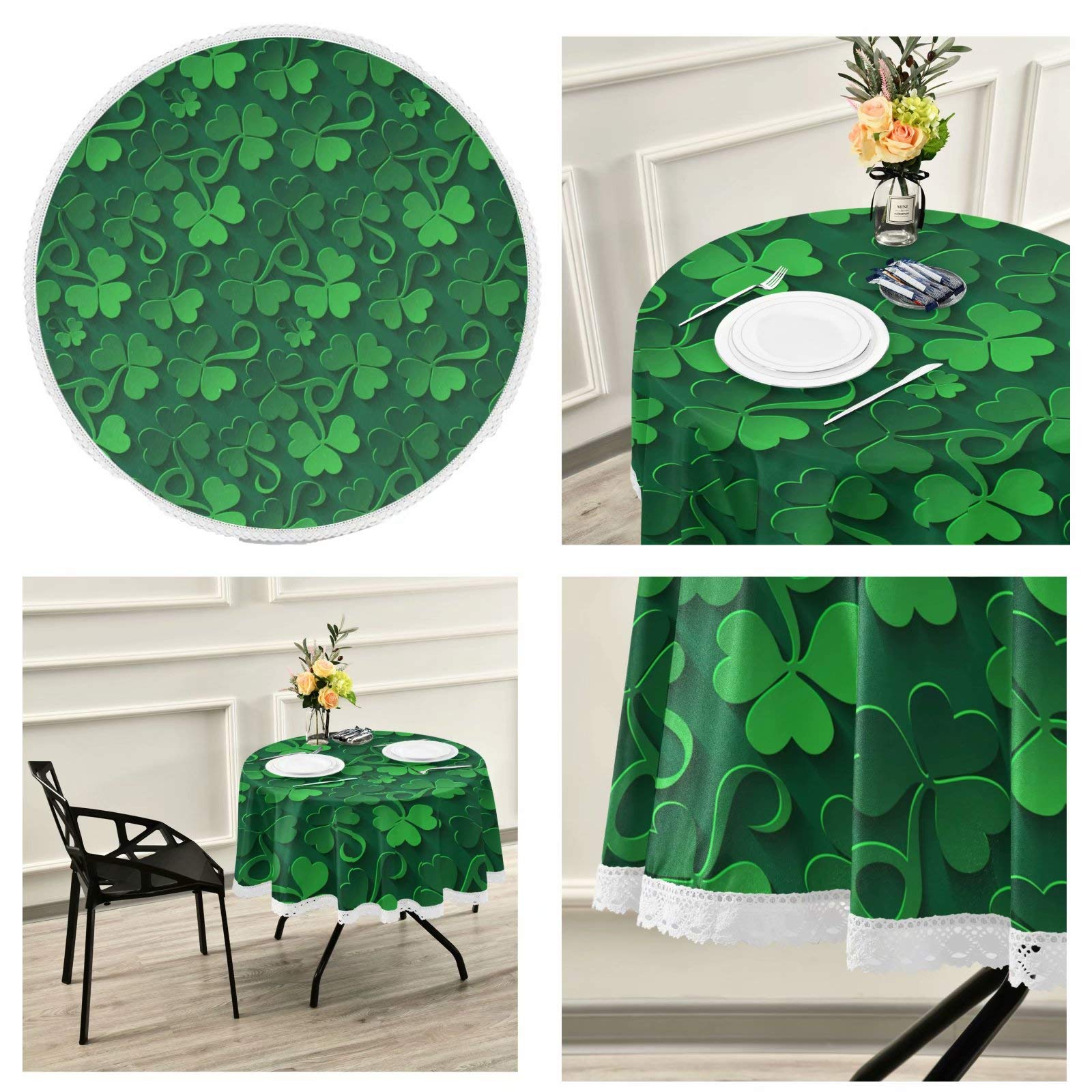 St. Patrick's Day Shamrock Round Tablecloth - 60 Inch Green Clover & Heart Design, Washable Polyester Table Cover for Dining, Holiday Decor, Home Party, Wedding & Picnic | Perfect for Irish-Themed Celebrations and Spring Gatherings