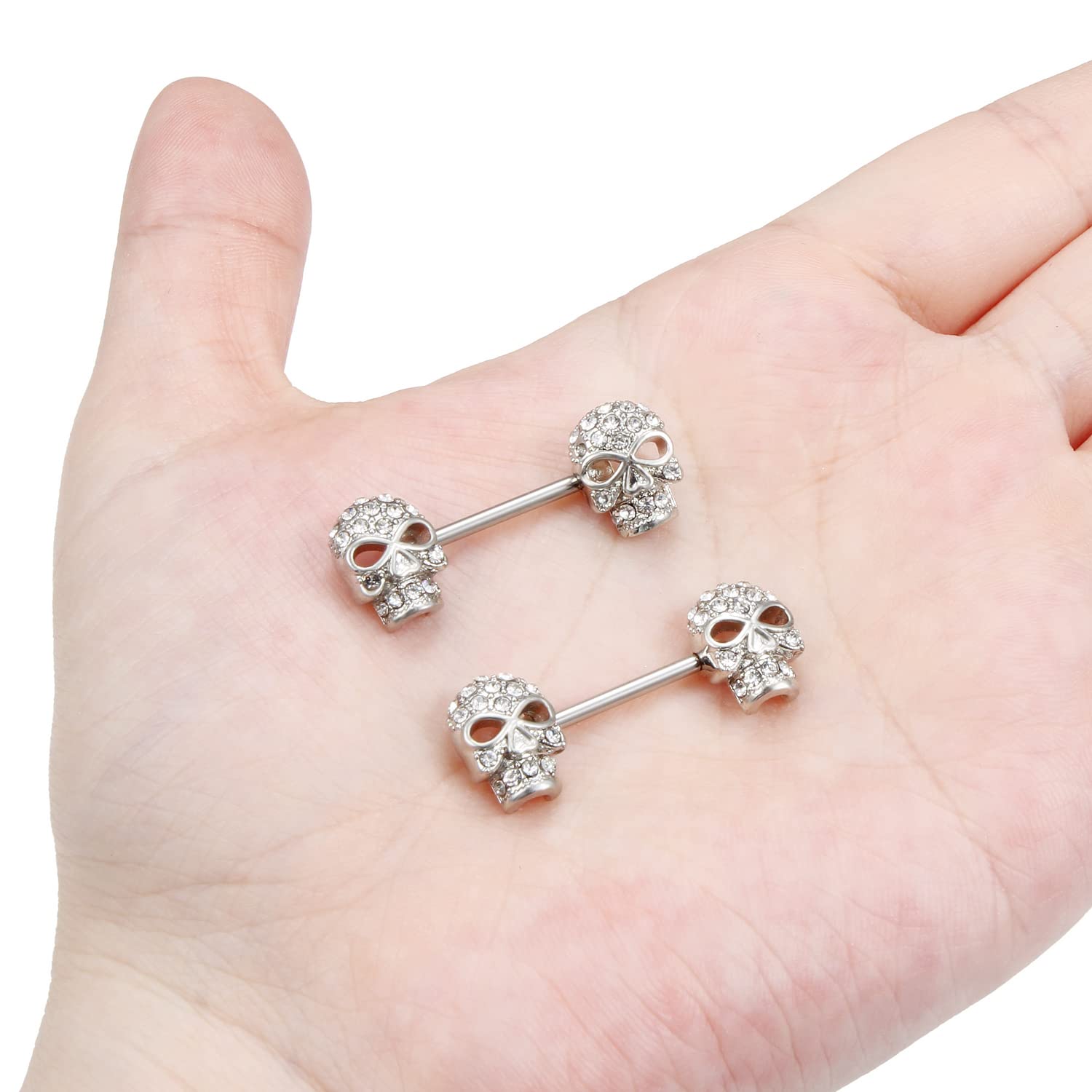 Lcolyoli 316L Stainless Steel Nipple Rings Barbell with Crystal Skull - Body Piercing Jewelry for Women & Men - Perfect for Nipple, Lip, Eyebrow Piercings and Alternative Fashion Styles