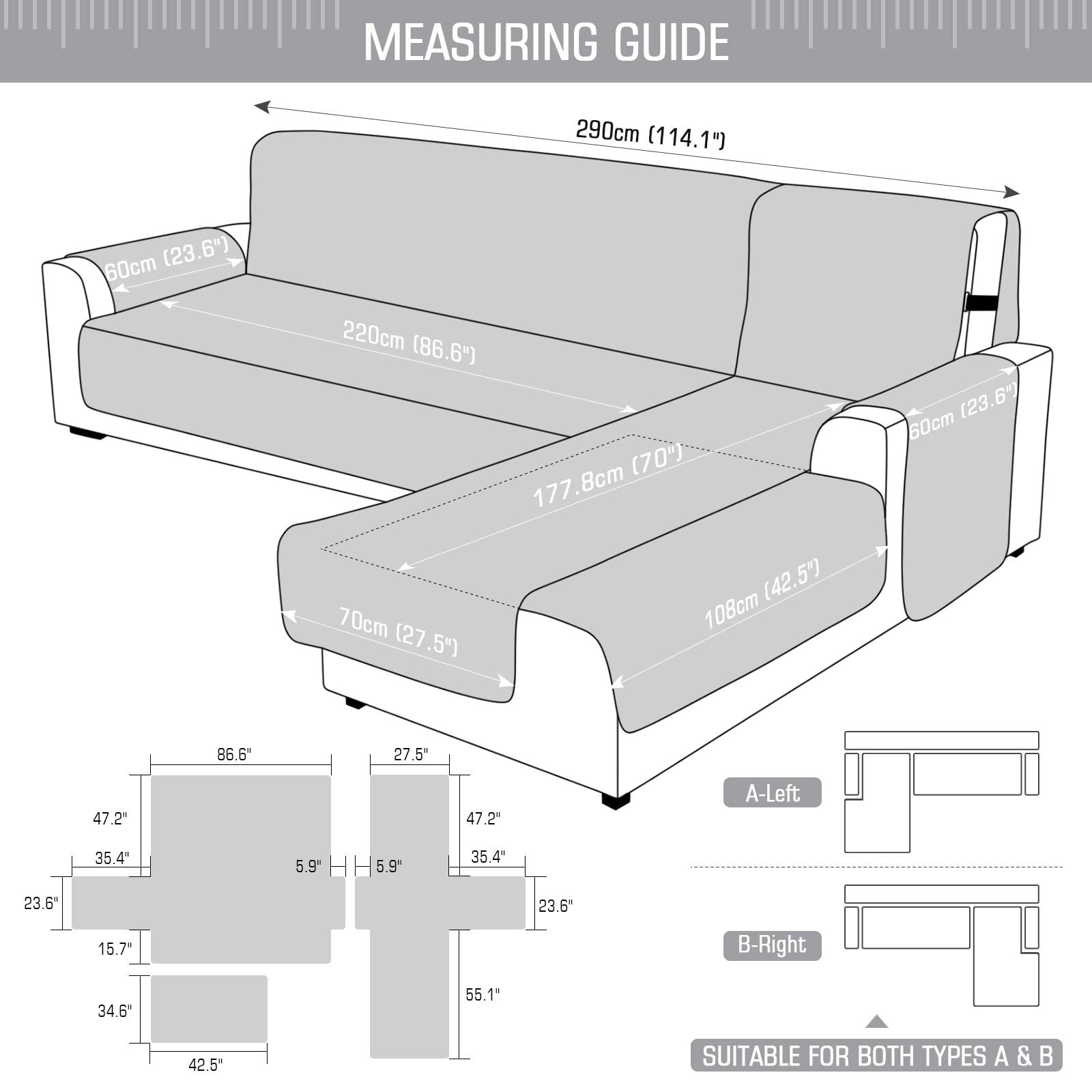 TAOCOCO Waterproof L-Shaped Sectional Sofa Cover Set - 3-Piece Reversible Couch Protector with Elastic Straps for Pets & Kids (X-Large, Gray) | Perfect for Living Room, Family Room & Pet-Friendly Homes