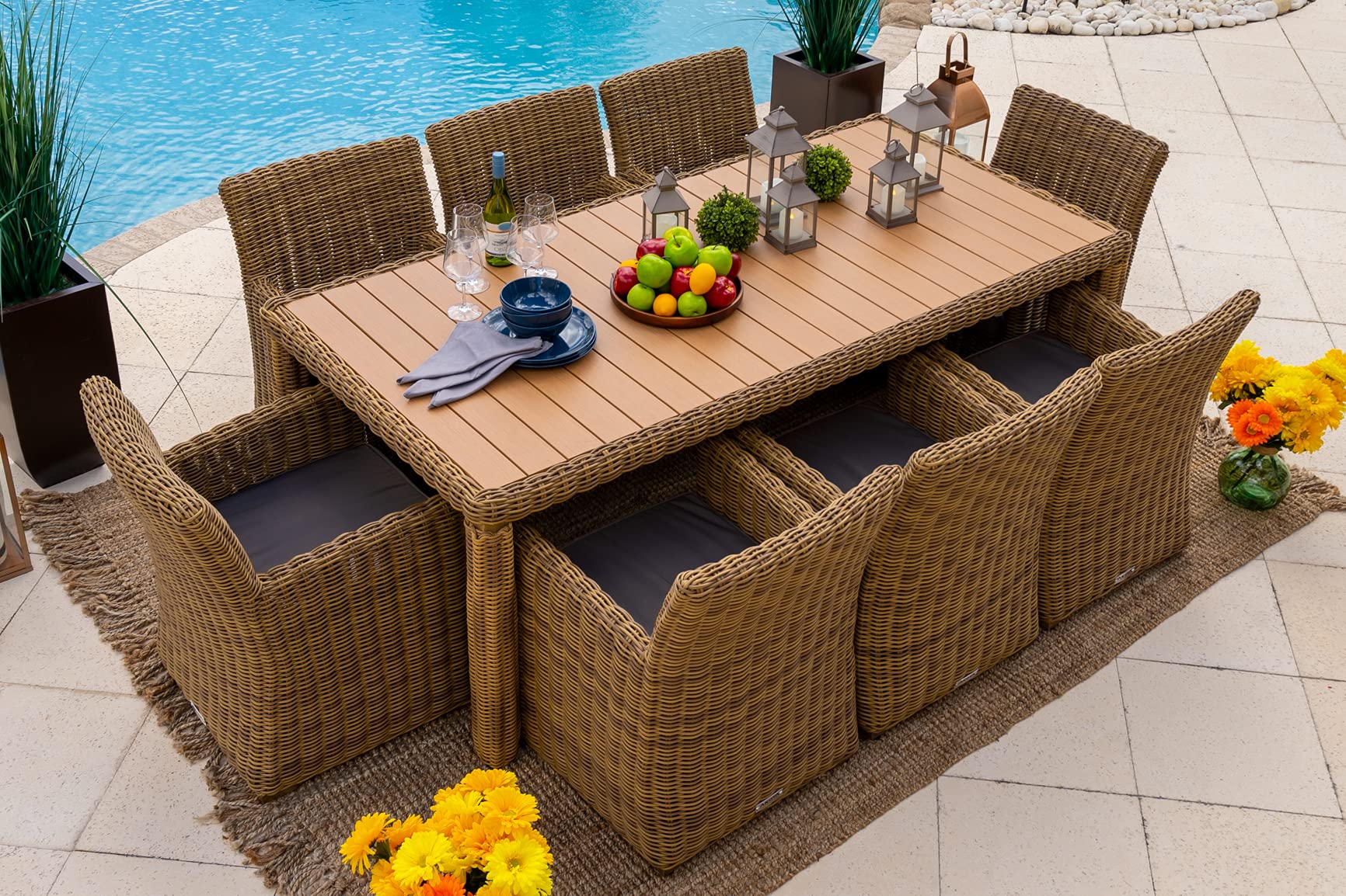 9-Piece Malmo Outdoor Patio Dining Set - Natural Resin Wicker Table & 8 Chairs with Sunbrella Charcoal Cushions - Perfect for Backyard, Garden, Poolside & Outdoor Entertaining