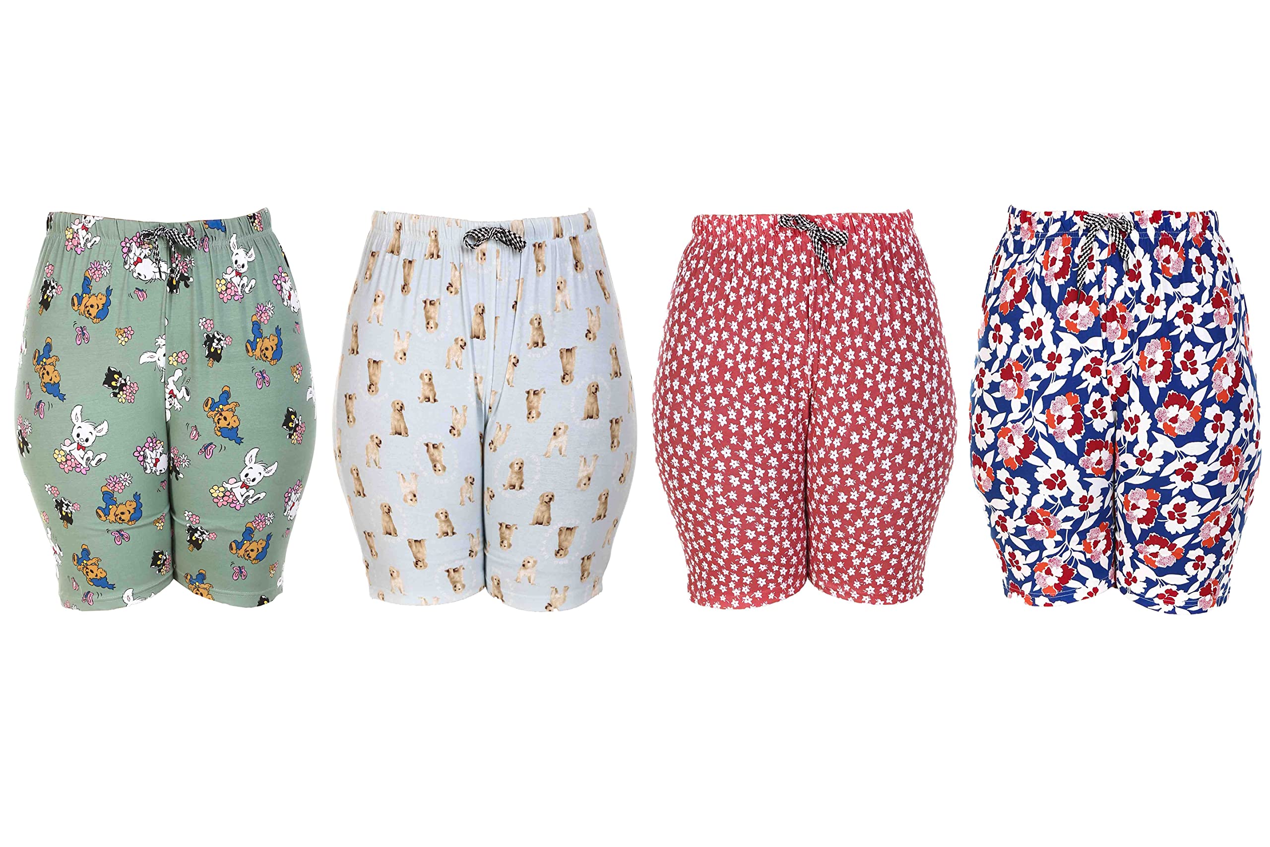 MUKHAKSH 4-Pack Girls Cotton Printed Shorts - Yoga, Running, Gym, Lounge, Beach & Casual Wear - Soft, Breathable & Comfortable - Perfect for Workouts, Sleep & Outdoor Activities