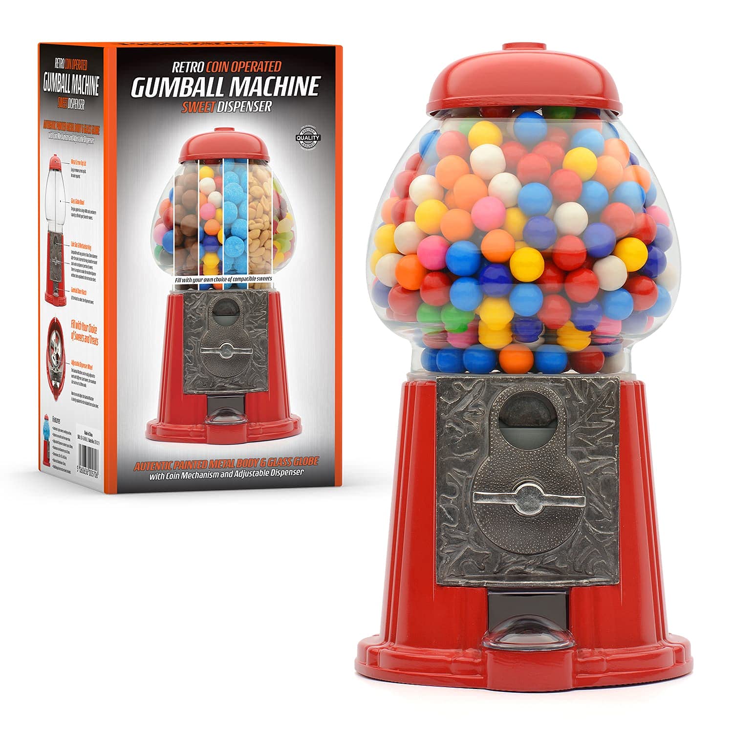 Vintage Coin-Operated Gum Ball Machine Candy Dispenser – Large 28cm Red Gumball Machine for Round Candies, Gumballs, Mixed Snacks, Nuts & Treats with Coin Storage – Perfect for Home, Office, Party Decor & Retro Vending Fun
