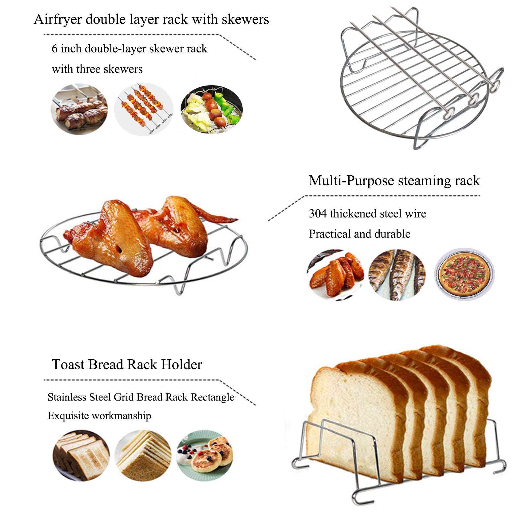 2Pcs Air Fryer Accessories Kit - Multipurpose Cooking Steaming Rack & 3 Skewer Rack Set (6 Inch) - Compatible with Most Air Fryers - Perfect for Healthy Frying, Steaming, and Grilling - Ideal for Family Meals, Parties, and Quick Snacks