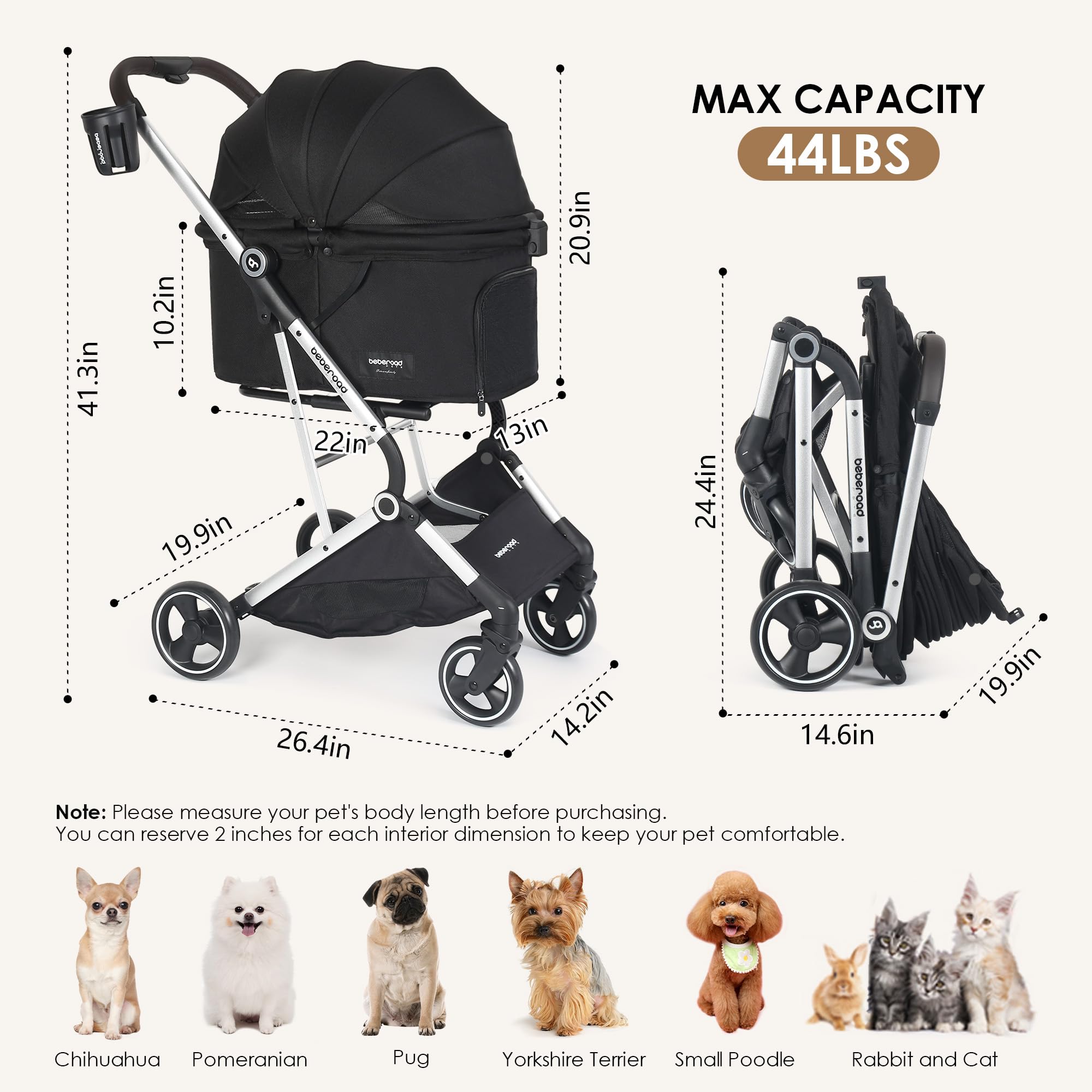 Premium T4 Pet Stroller for Small & Medium Dogs & Cats - 4 Wheel Foldable Travel Carrier with Removable Pad, Canopy & Cup Holder (Black) - Perfect for Vet Visits, Outdoor Walks & Shopping Trips