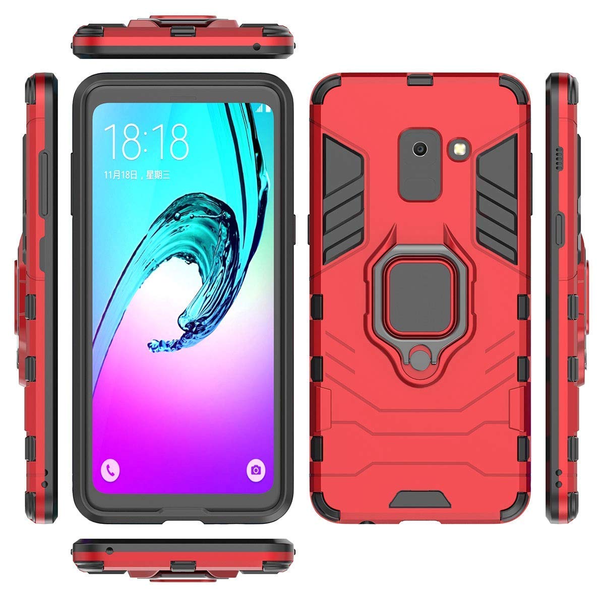 Shockproof Rugged Case for Samsung Galaxy A8 (2018) - Dual Layer Hard Bumper with Metal Ring Grip & Kickstand | Compatible with Magnetic Car Mount | Perfect for Outdoor Activities, Work & Travel (Red)