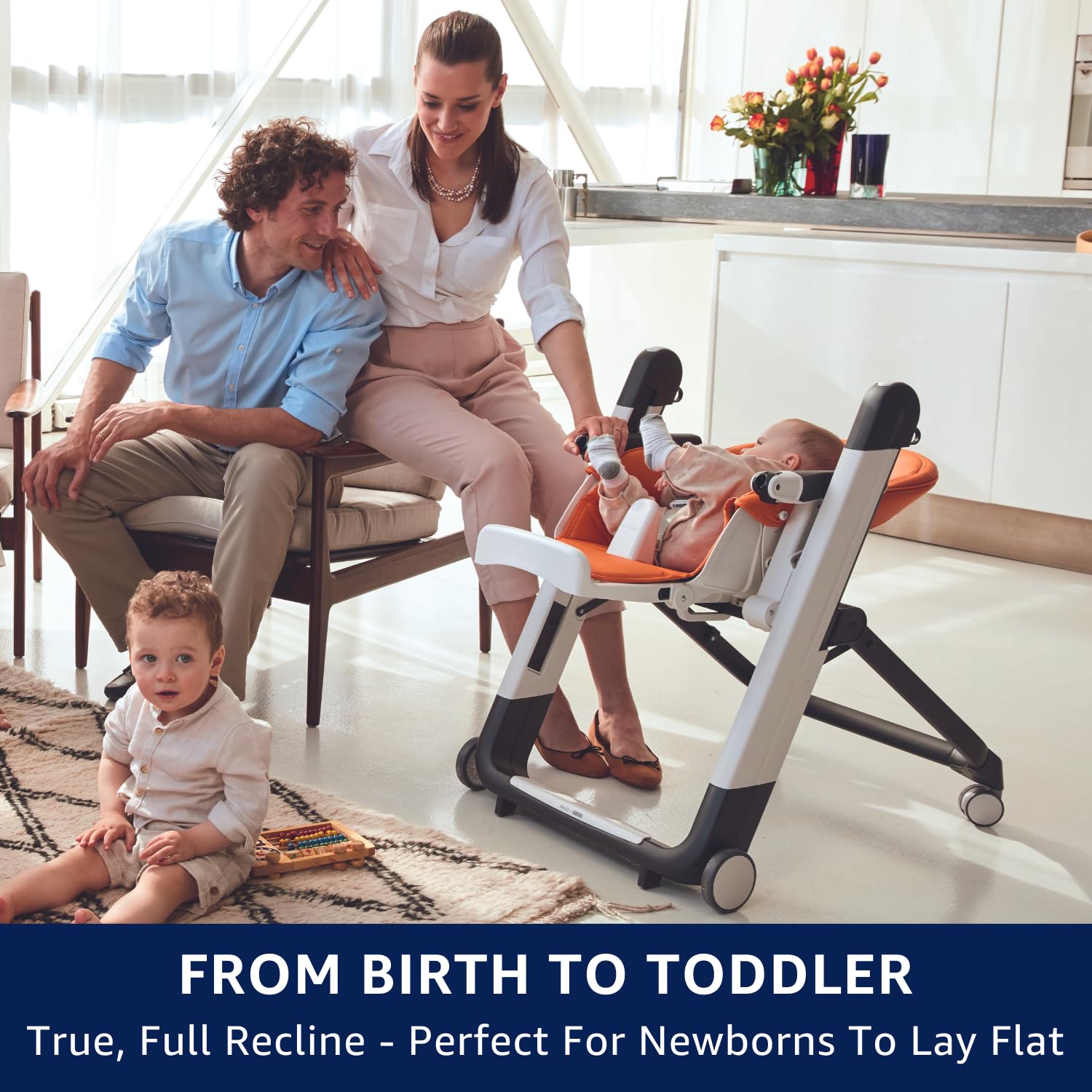 **Peg Perego Siesta Adjustable Baby High Chair & Recliner - Foldable, Easy-Clean, with Wheels for Infants & Toddlers - Made in Italy (Orange) - Perfect for Dining, Feeding & Playtime**