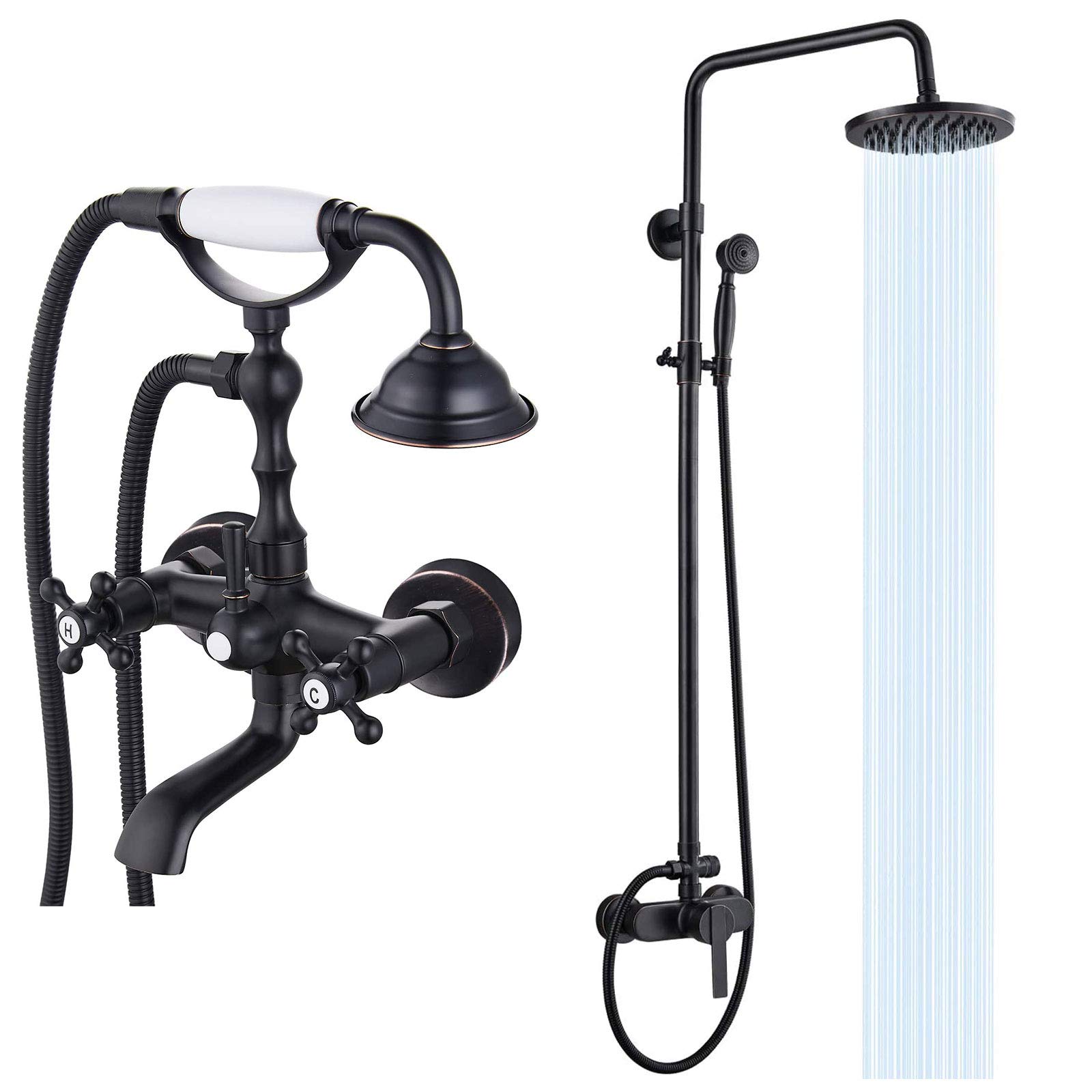 Oil Rubbed Bronze Wall Mount Bathtub Faucet with Handheld Shower Sprayer - Exposed Pipe Shower System - Vintage Bathroom Fixture for Spa-Like Relaxation