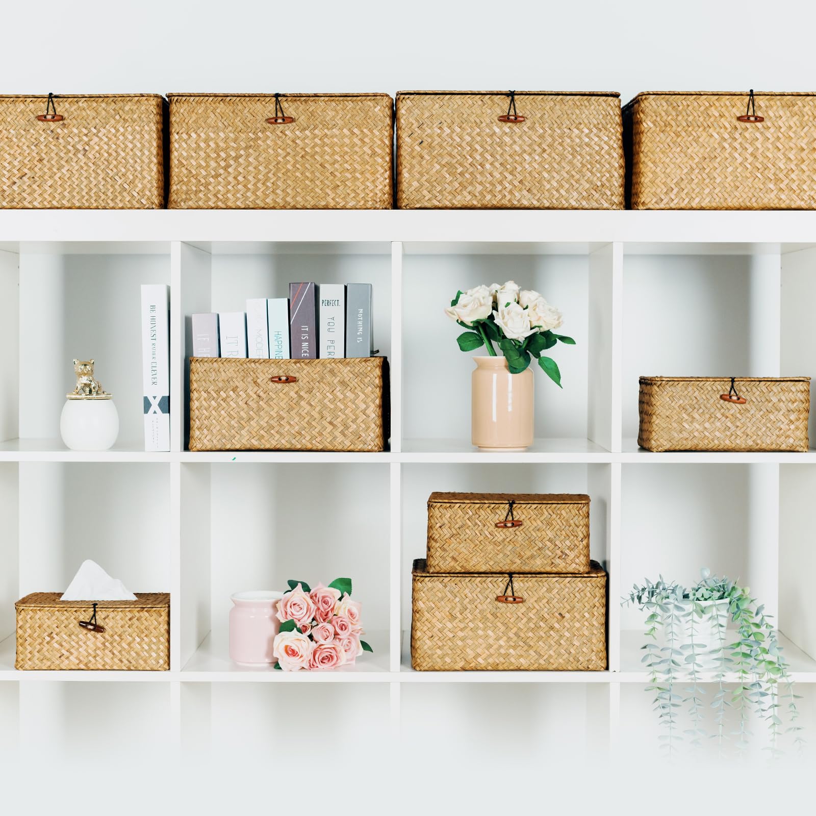 Decorative Wicker Storage Bins with Lids - Set of 3 Stackable Woven Seagrass Baskets (Large, Medium, Small) for Kids Toys, Shelves, Bathroom & Bedroom Organization - Perfect for Home, Nursery & Closet Storage Solutions