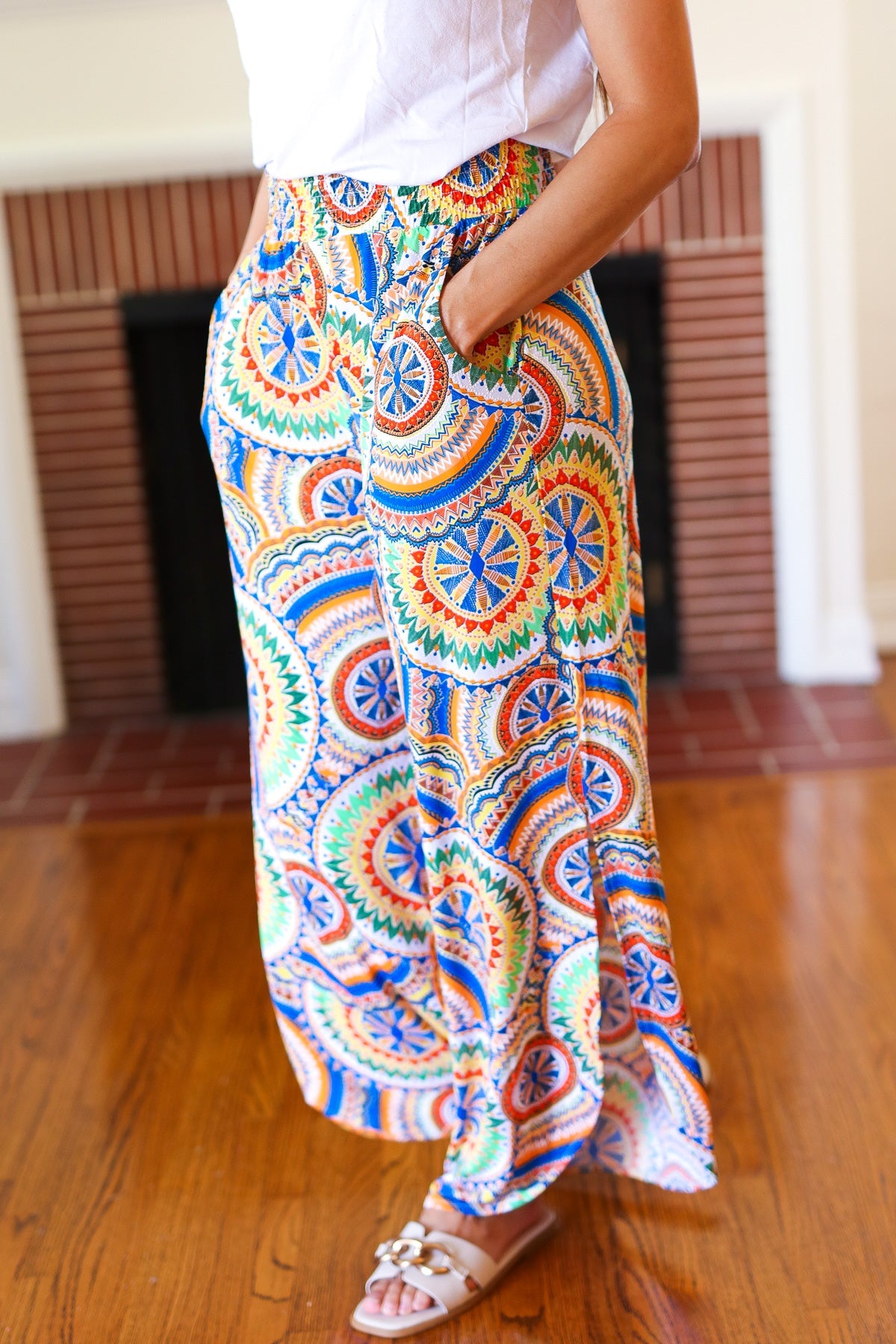 Stylish Multicolor Mandala Print Smocked Waist Palazzo Pants with Side Slits - Perfect for Yoga, Beach Vacations & Boho Fashion Outfits