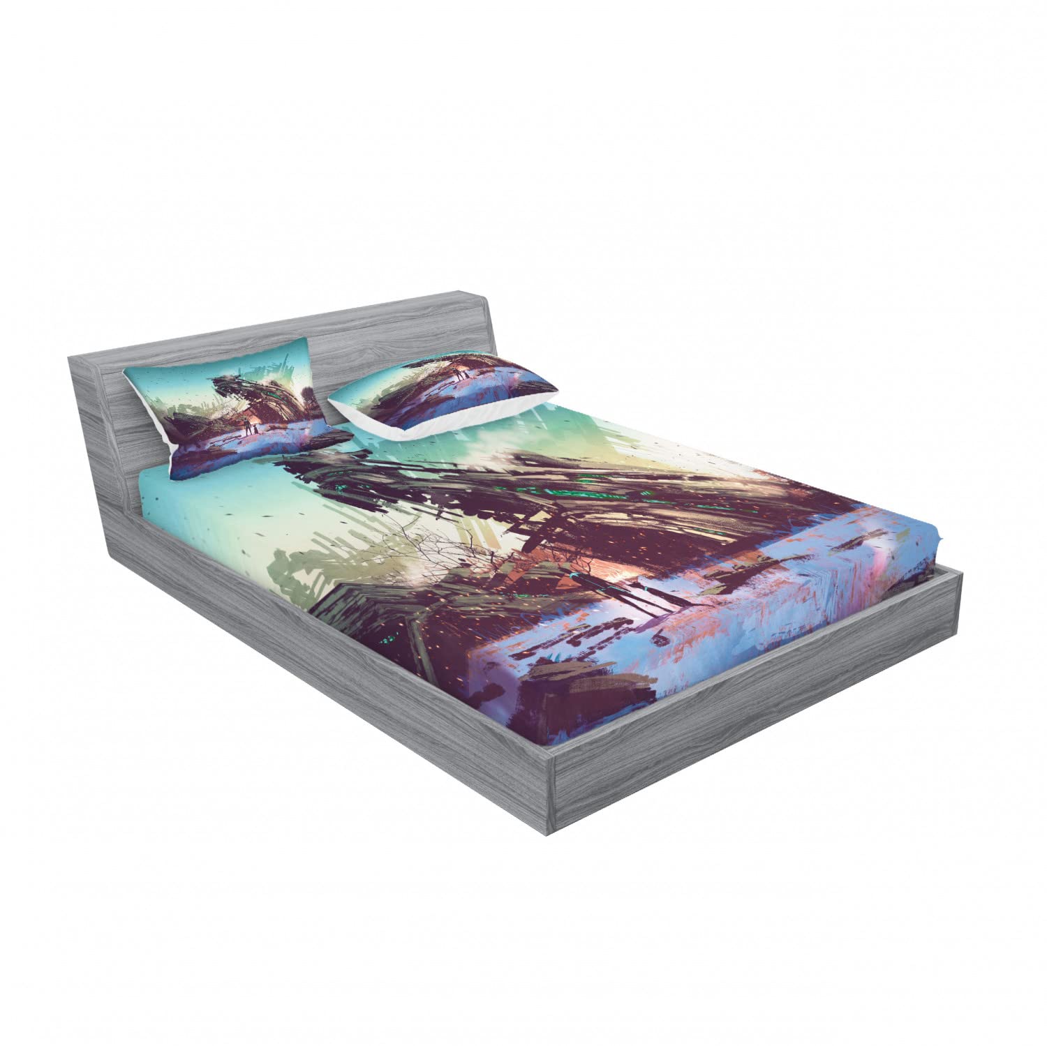 Ambesonne 2-Piece Queen Size Fitted Sheet Set with 4 Pillow Shams - Sci-Fi Spaceship Crash Design in Blue & Green - Soft Bedding Collection for Space Theme Bedroom Decor | Perfect for Guest Rooms, Dorms, and Fantasy Lovers